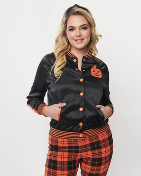 Flexible Zipper System Comfortable Wear Unique Vintage Black & Orange Scream Queen Satin Bomber Jacket | Black