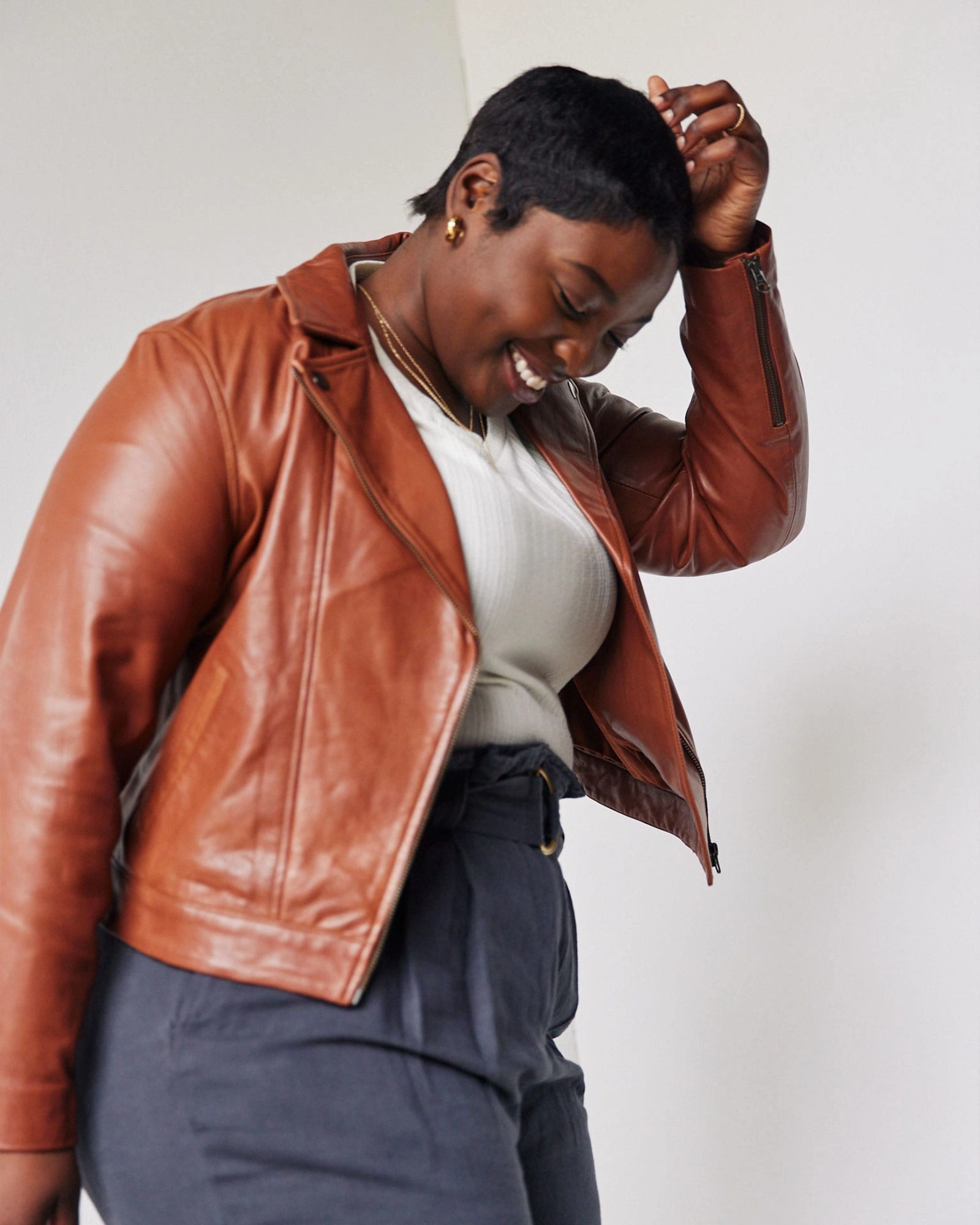 Checked Maha Leather Jacket | Whiskey