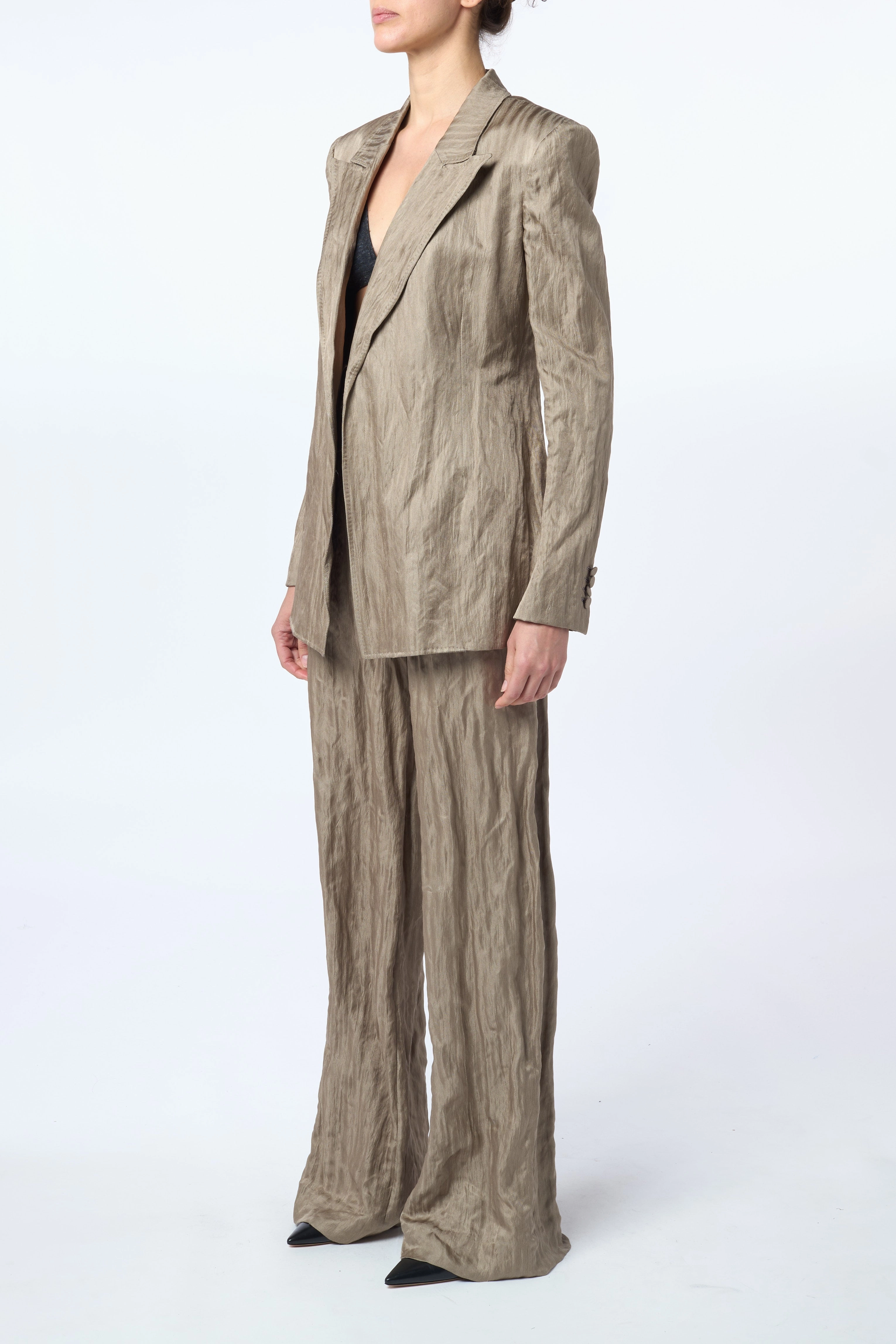 Mairi Blazer in Gunmetal Metallic Crinkled Silk tailored look Advanced Moisture Wicking