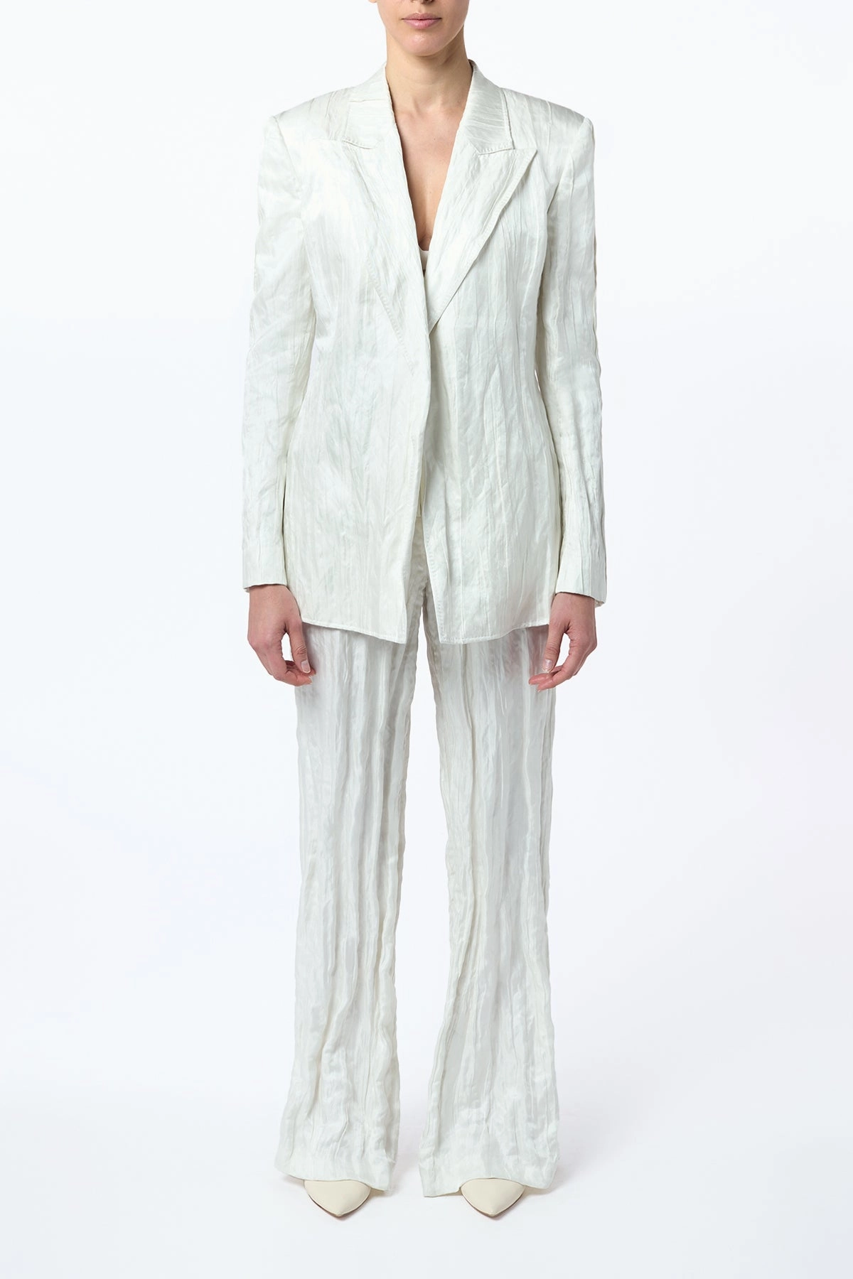 Mairi Blazer in Ivory Metallic Crinkled Silk Versatile Look Crisp Appearance