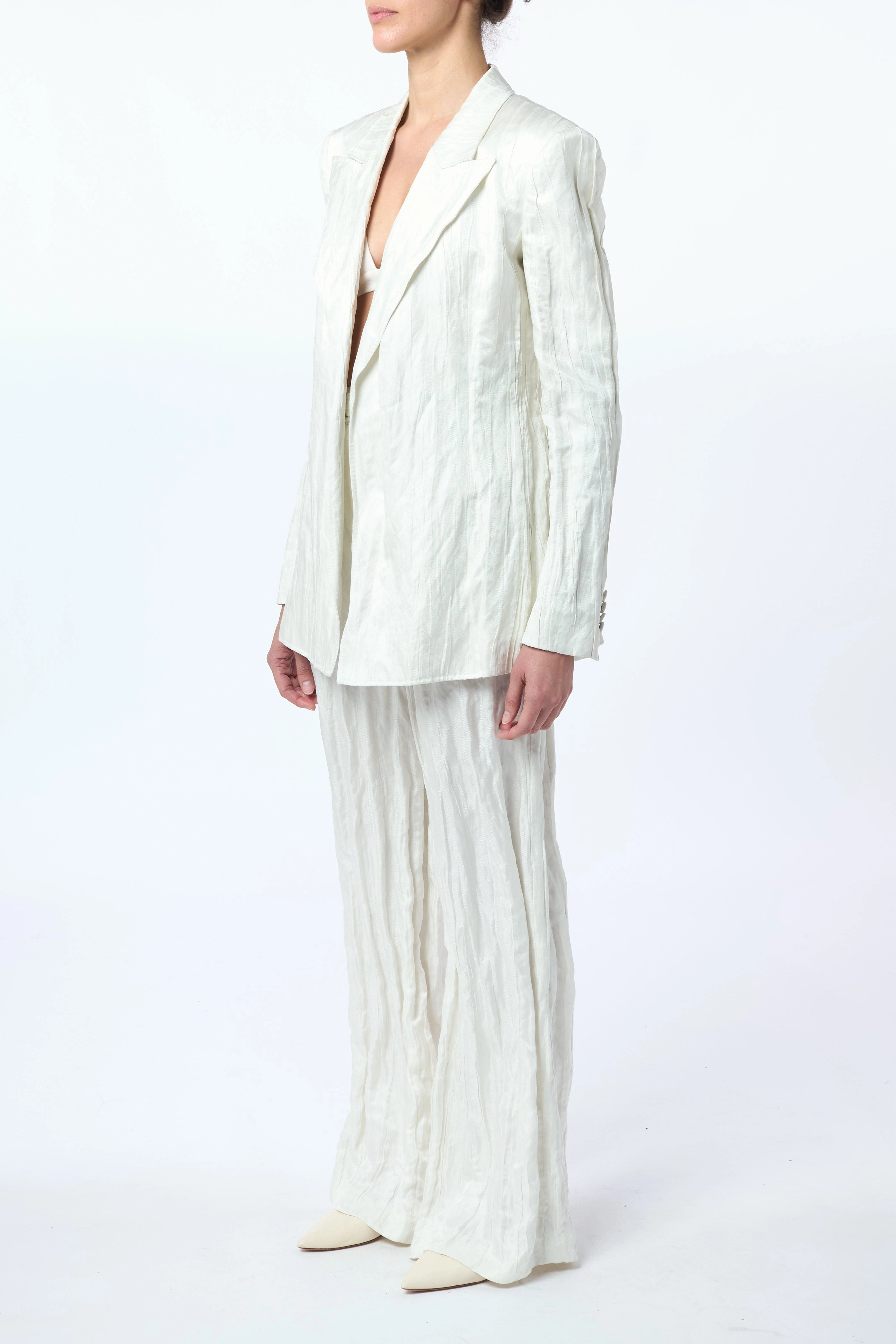 Refined Silhouette Tailored Wearable Mairi Blazer in Ivory Metallic Crinkled Silk