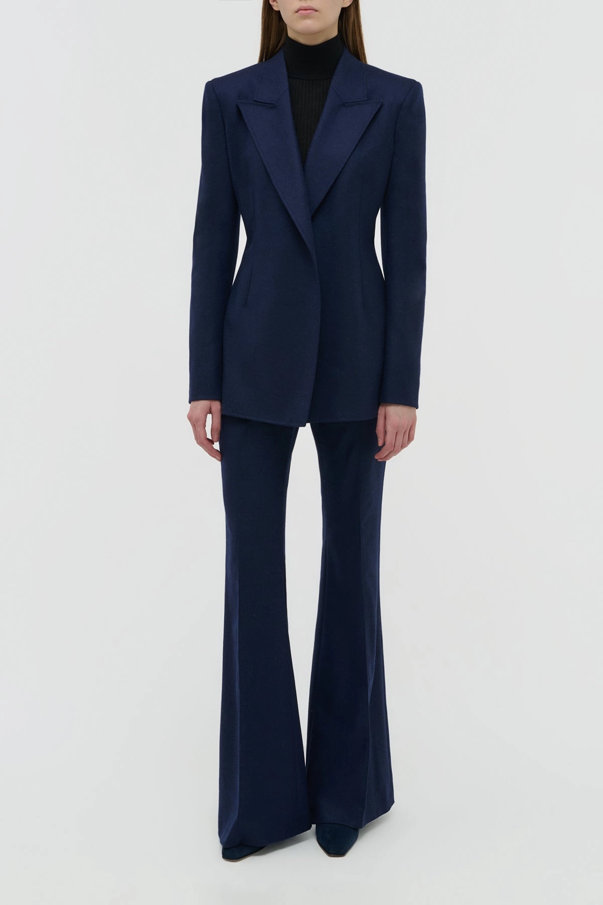 Sleek Work Fit Mairi Blazer in Navy Wool Cashmere Flannel