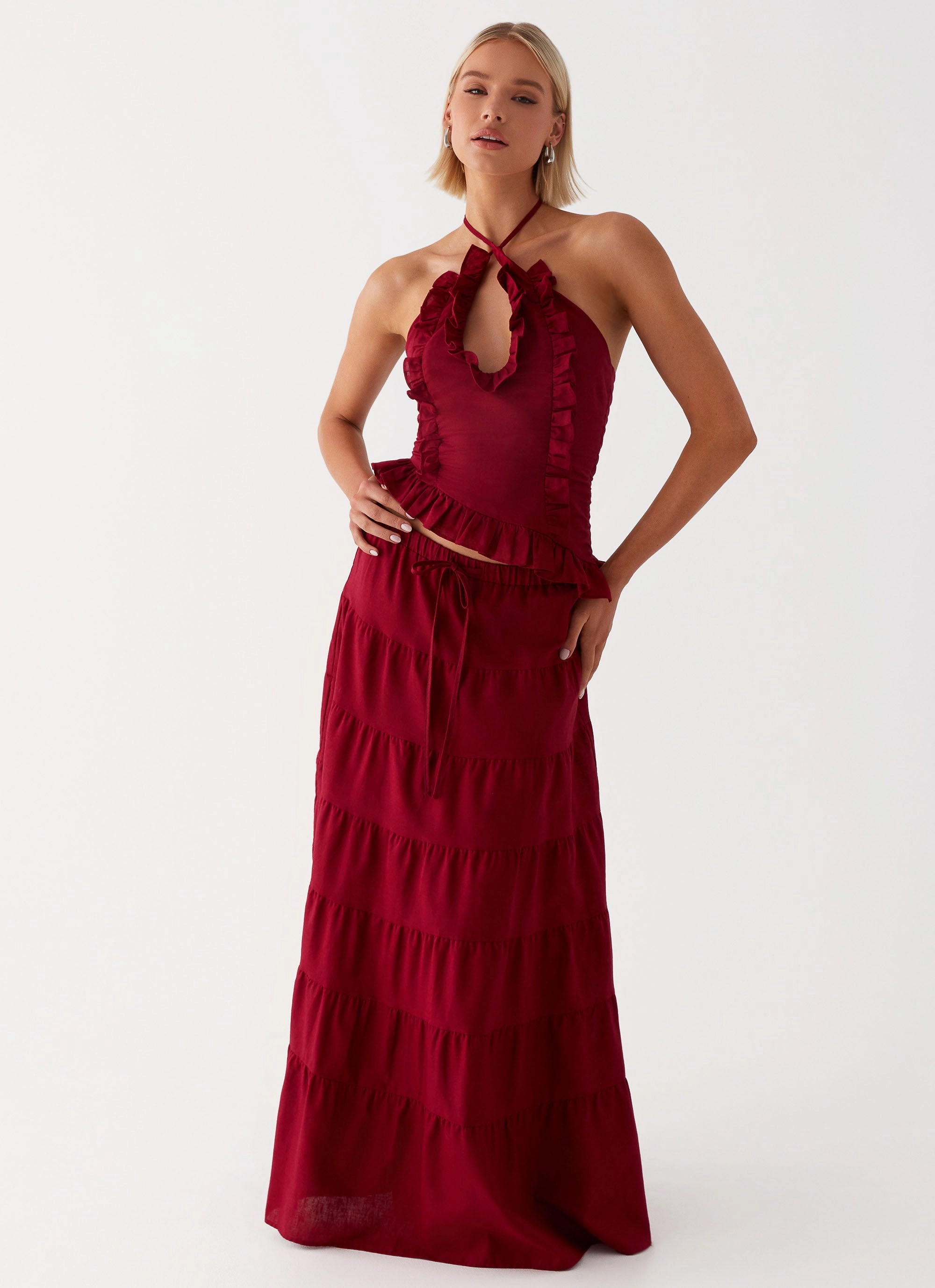 Mariella Linen Maxi Skirt - Maroon Semi Sheer