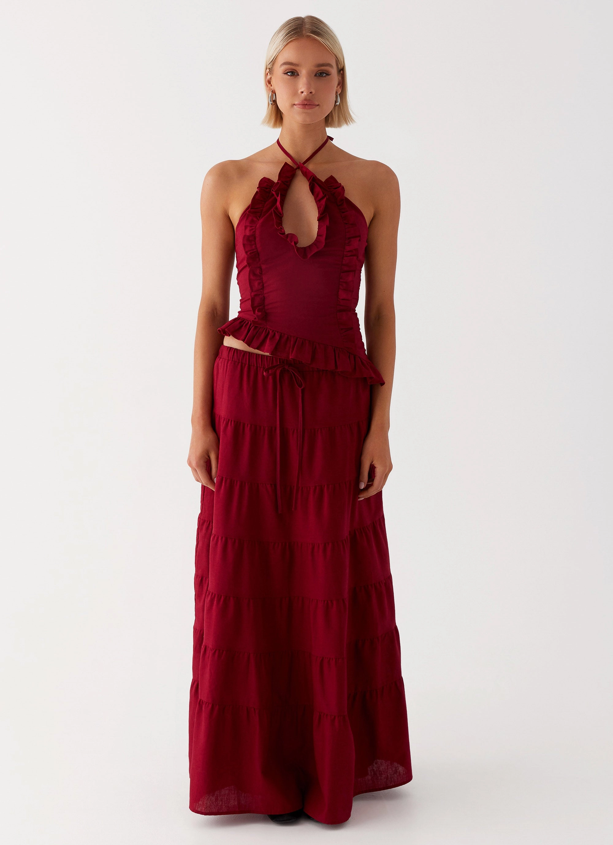 Mariella Linen Maxi Skirt - Maroon Back Slit Smart Casual