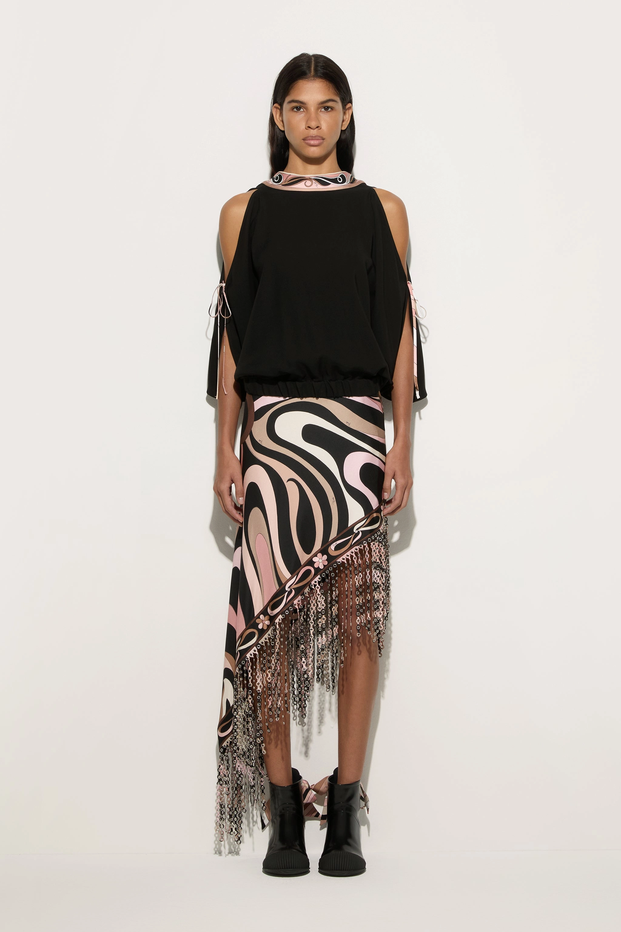 Fresh Look Marmo Print Asymmetrical Fringed Skirt