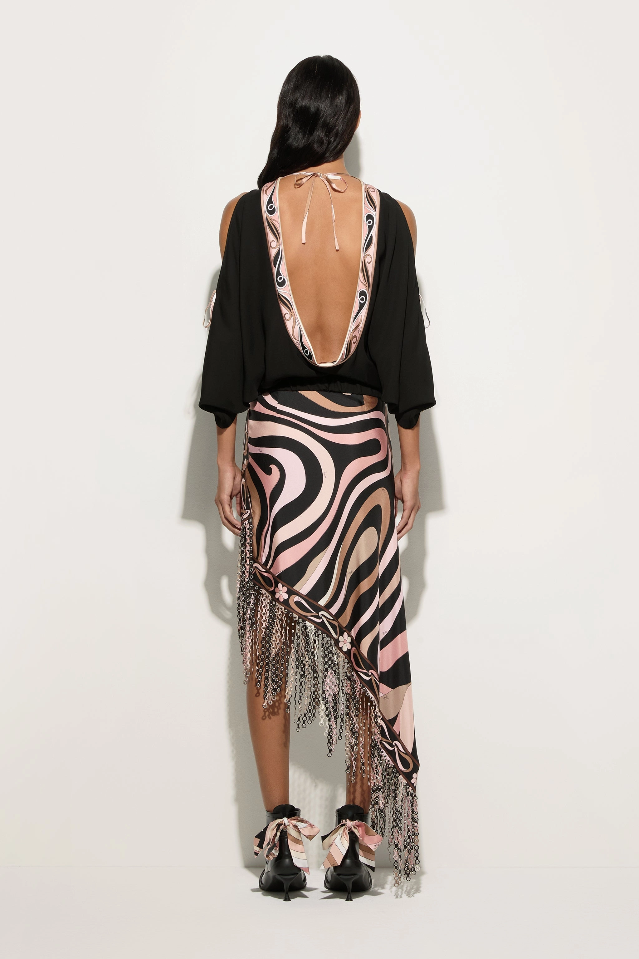 Contrast Stitching Marmo Print Asymmetrical Fringed Skirt