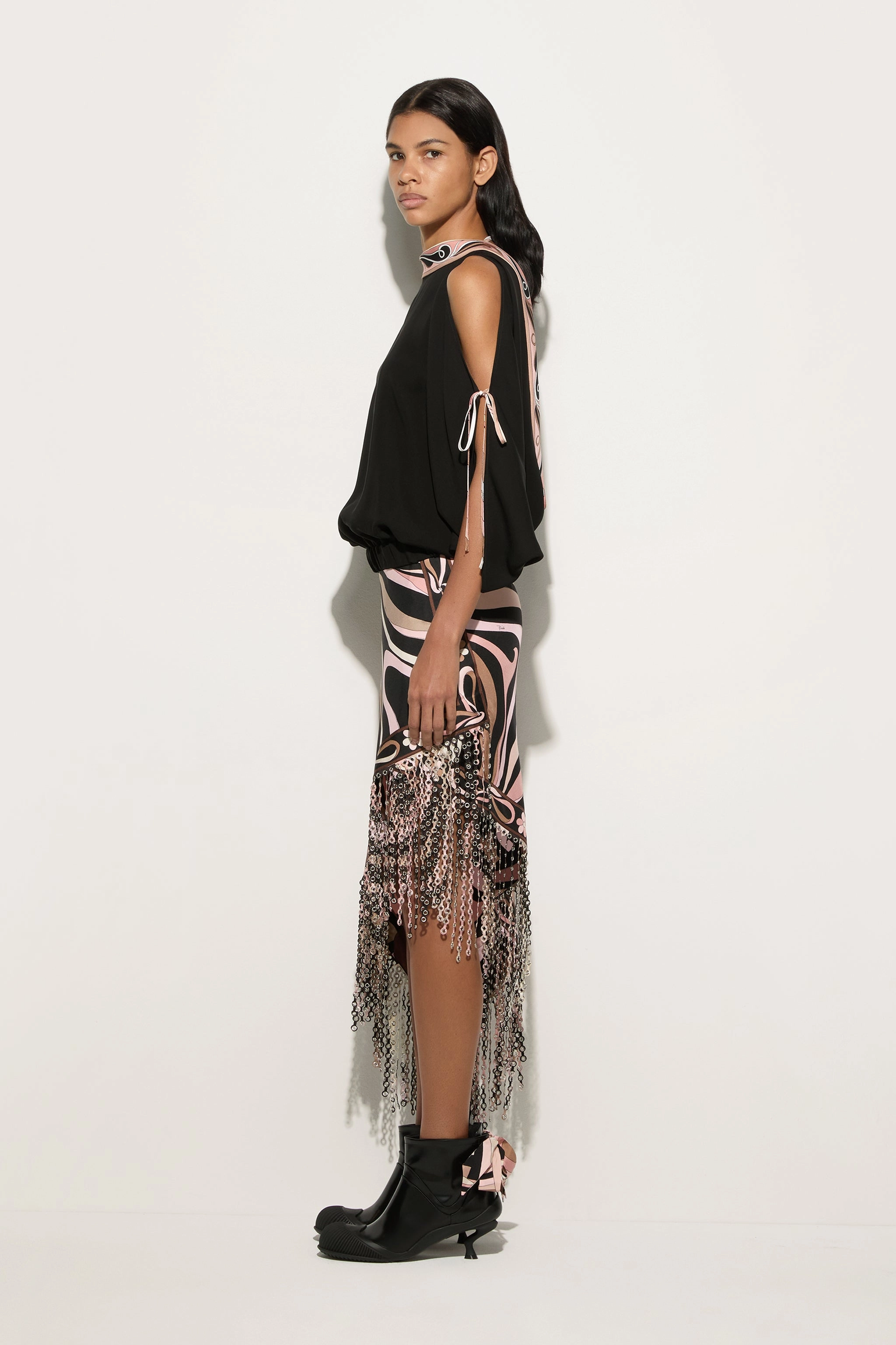 Contemporary Design Cozy Edge Marmo Print Asymmetrical Fringed Skirt