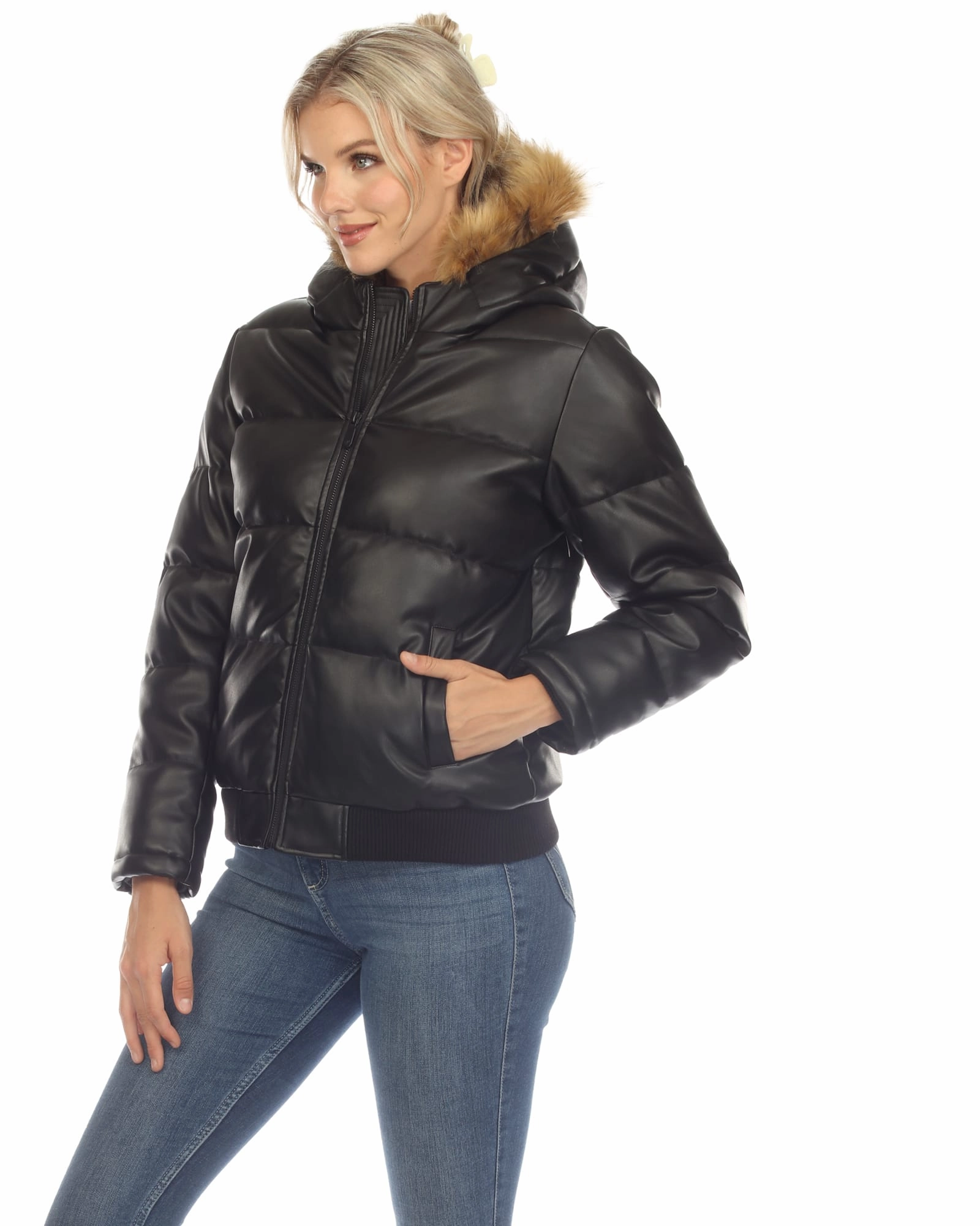 Women's Removable Fur Hoodie Bomber Leather Jacket | Black Heat Control