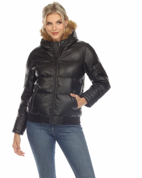Base Warmth sports event Women's Removable Fur Hoodie Bomber Leather Jacket | Black