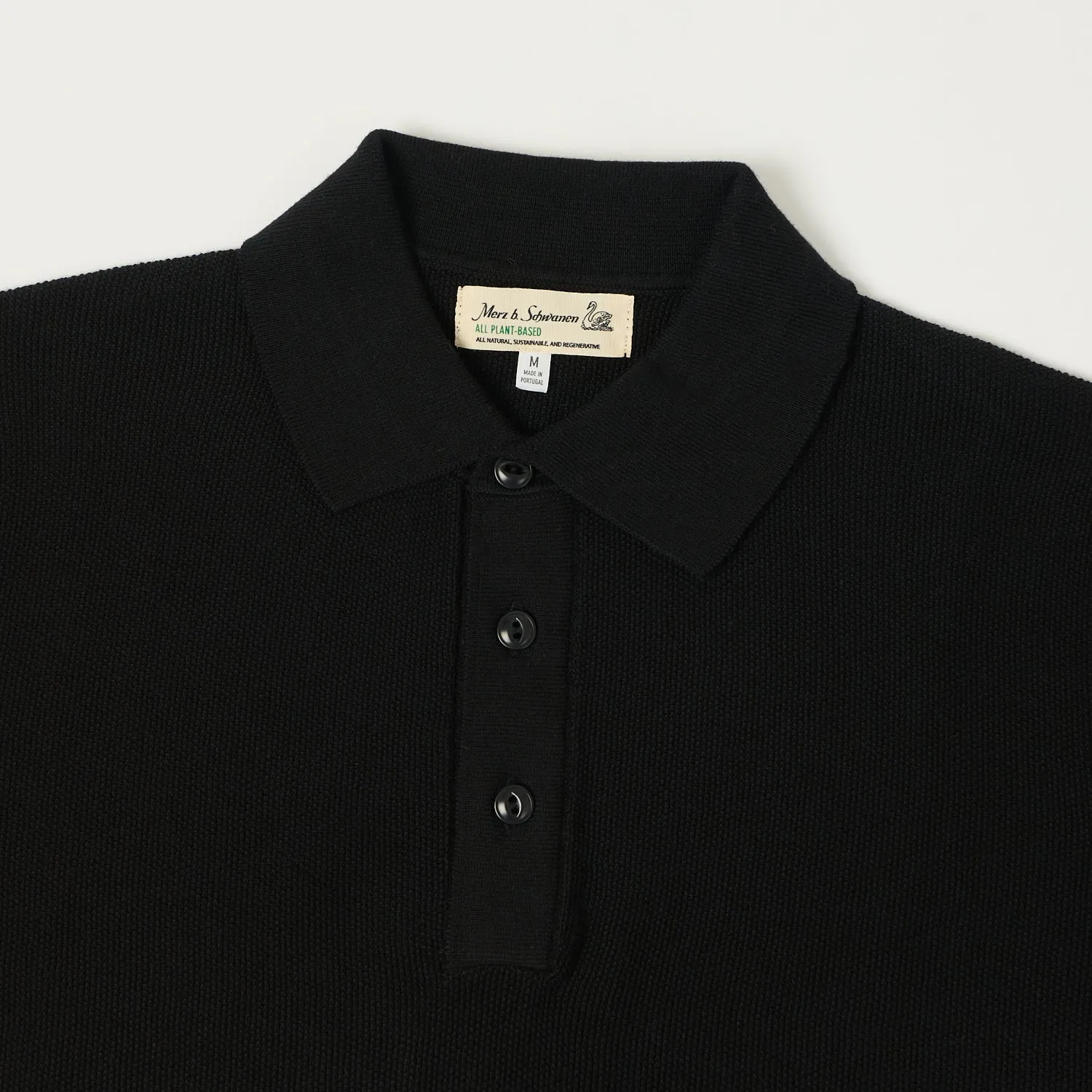 Merz b. Schwanen 'Good Basics' Plant Based Knitted Polo Shirt - Deep Black Trendy Outfit Twill Tape Reinforcement