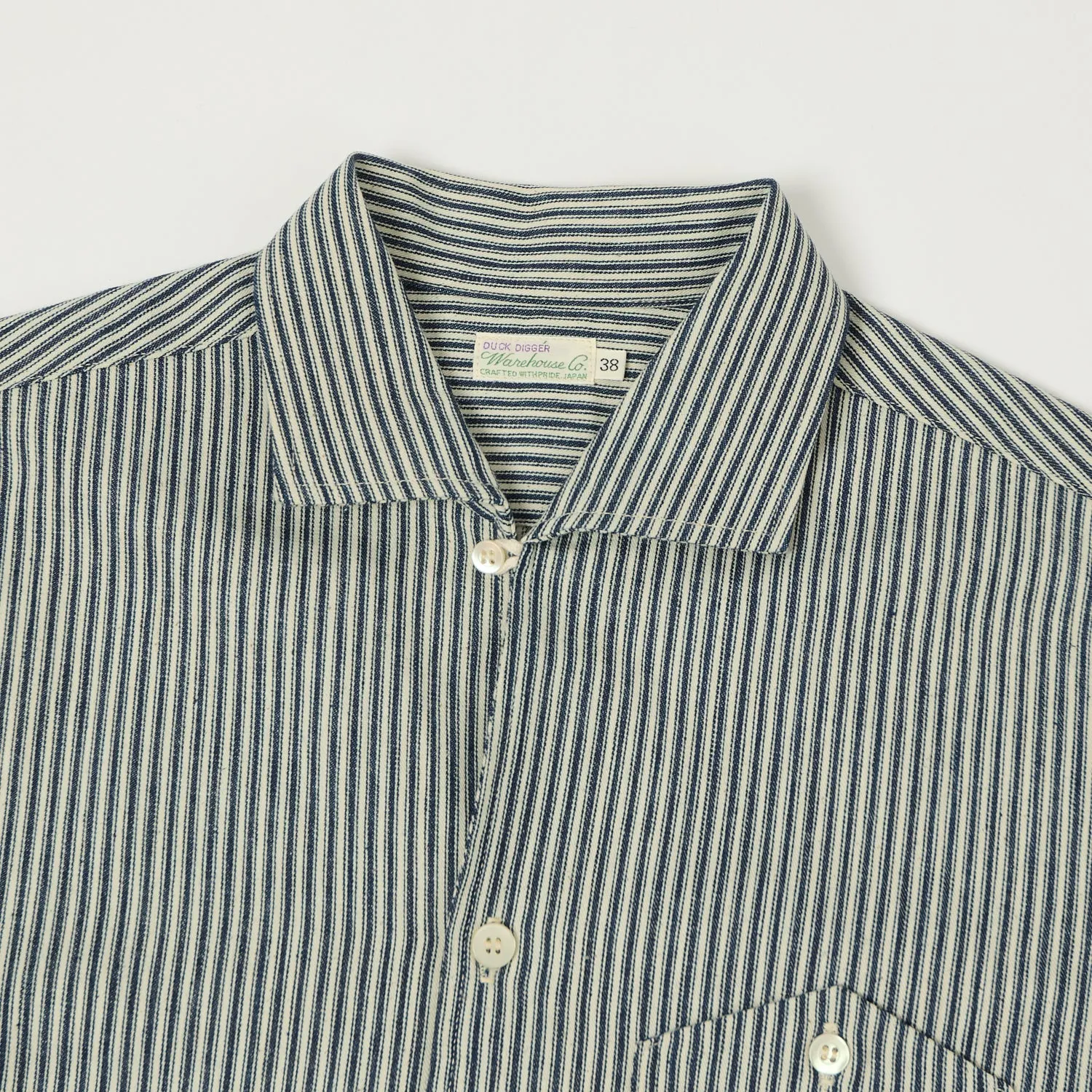 Warehouse & Co 3091 Duck Digger Open Collar Stripe Shirt - White/Navy Two Tone Stitching