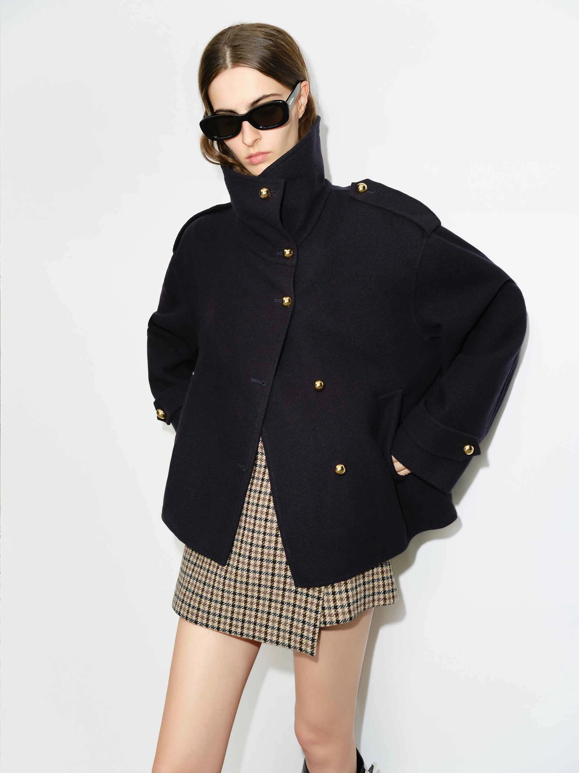 Multi Pocket High Density Weave Metal Button Wool Coat