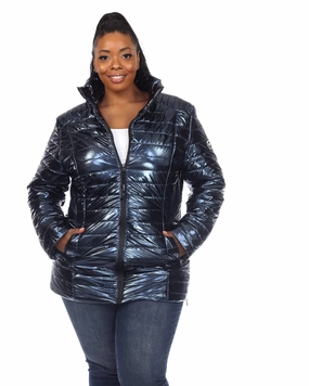 Respect Flexible Movement Metallic Puffer Coat | Blue