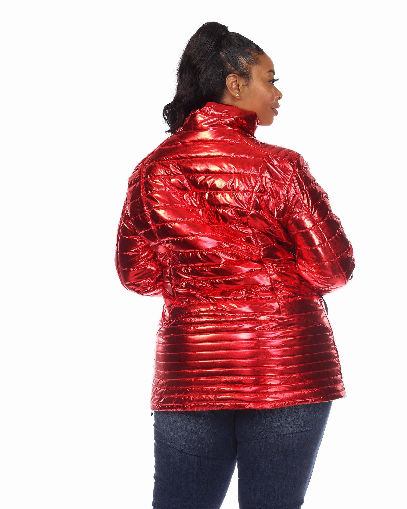 Adjustable Drawstring Hood Upgrade Metallic Puffer Coat | Red