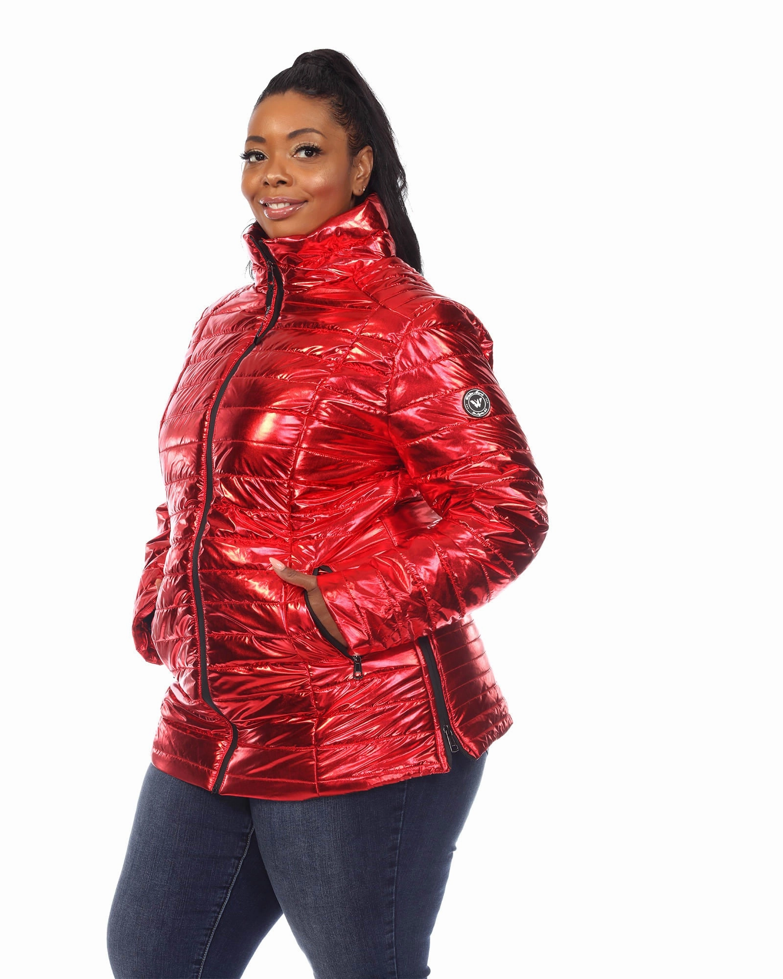 Quilted Panels Double Layered Cuffs Metallic Puffer Coat | Red
