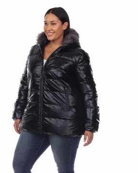 Metallic Puffer Coat with Hoodie | Black Fashionable Outerwear