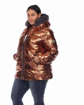 Metallic Puffer Coat with Hoodie | Bronze Elastic Multi Directional Stretch