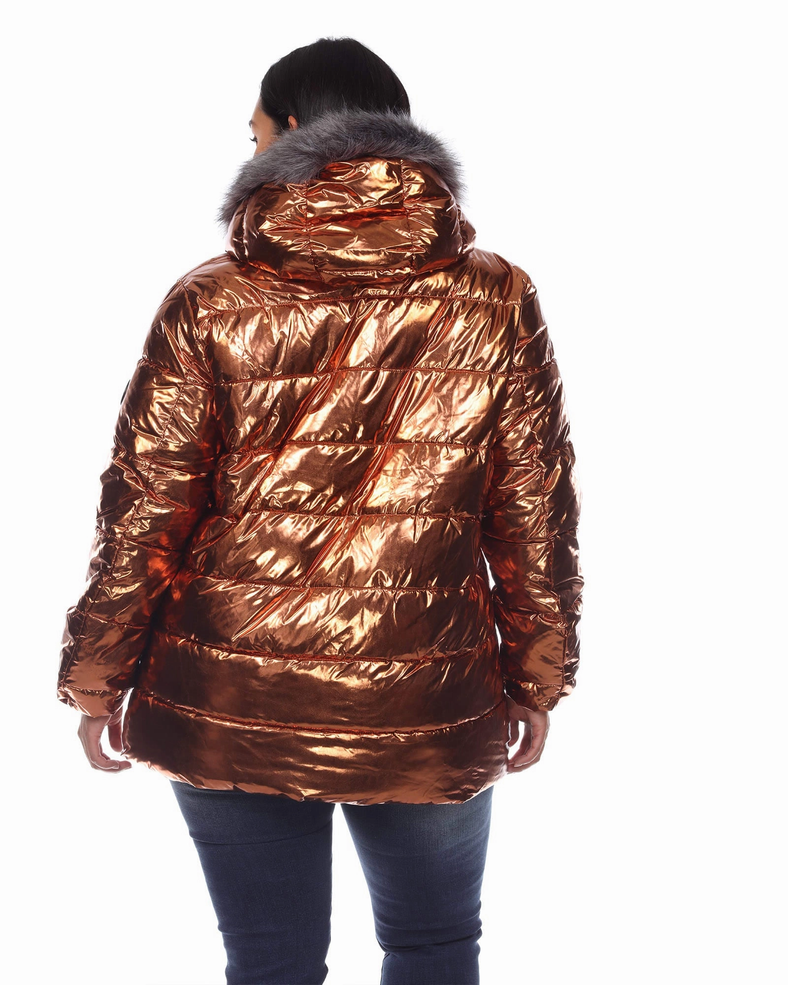 Commuter Choice Modern Utility Metallic Puffer Coat with Hoodie | Bronze