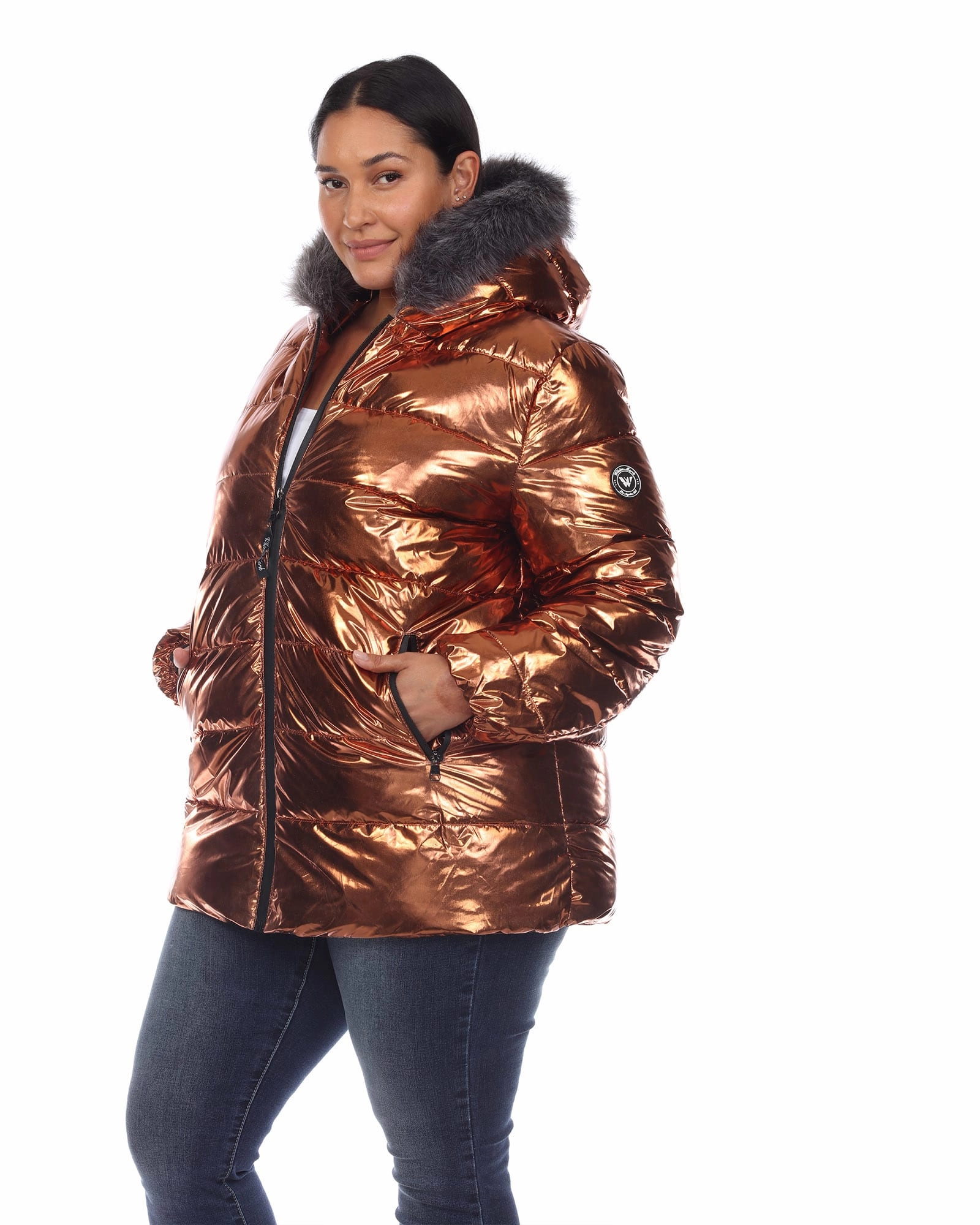 Metallic Puffer Coat with Hoodie | Bronze Elastic Multi Directional Stretch