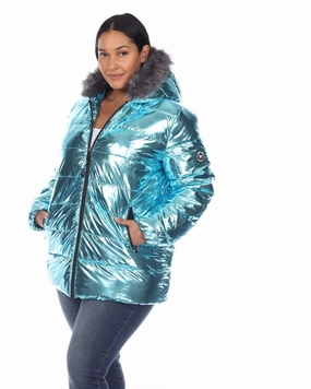 Convertible Collar Style Flexible Movement Metallic Puffer Coat with Hoodie | Mint