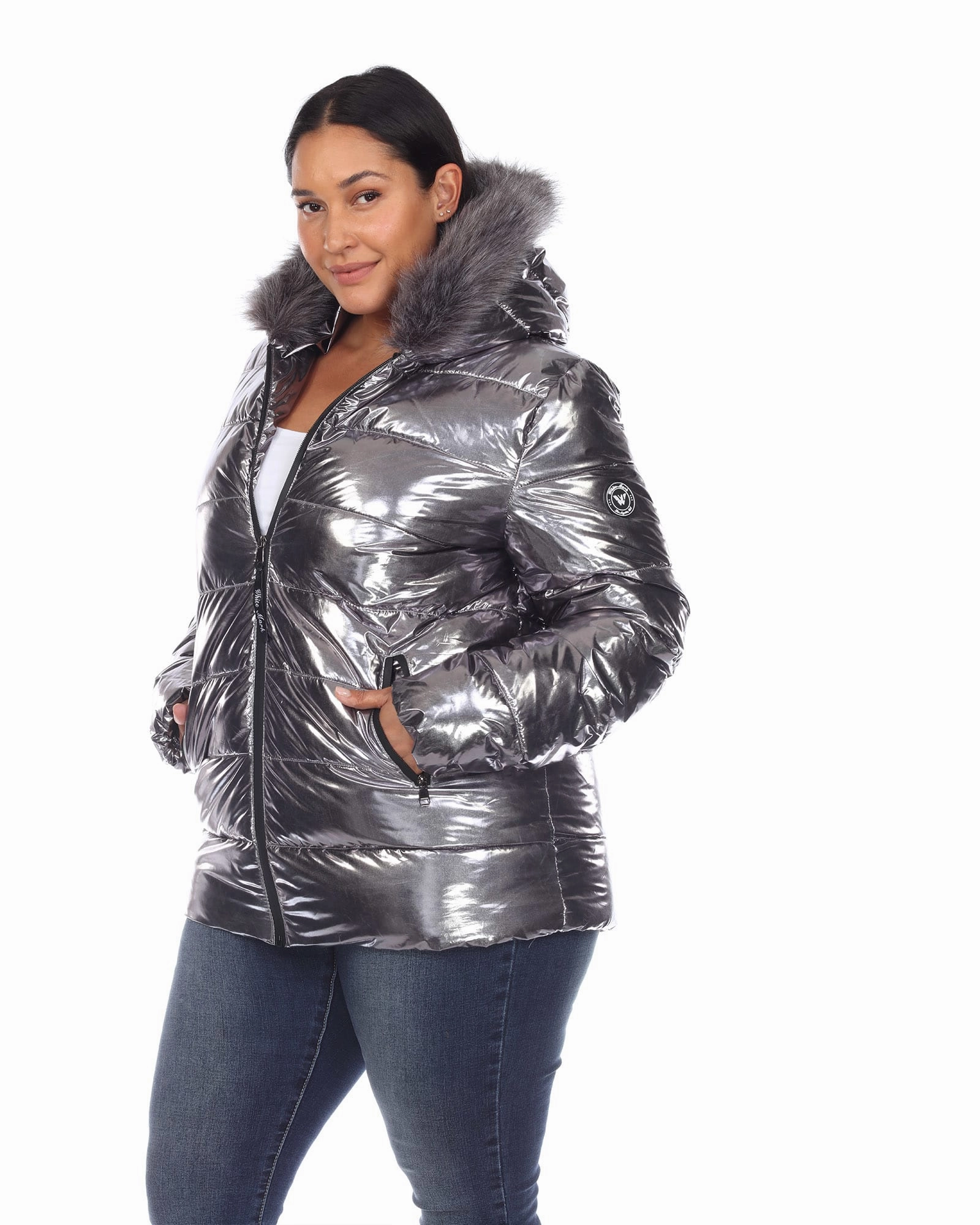 Enable Alpine Conditions Metallic Puffer Coat with Hoodie | Silver