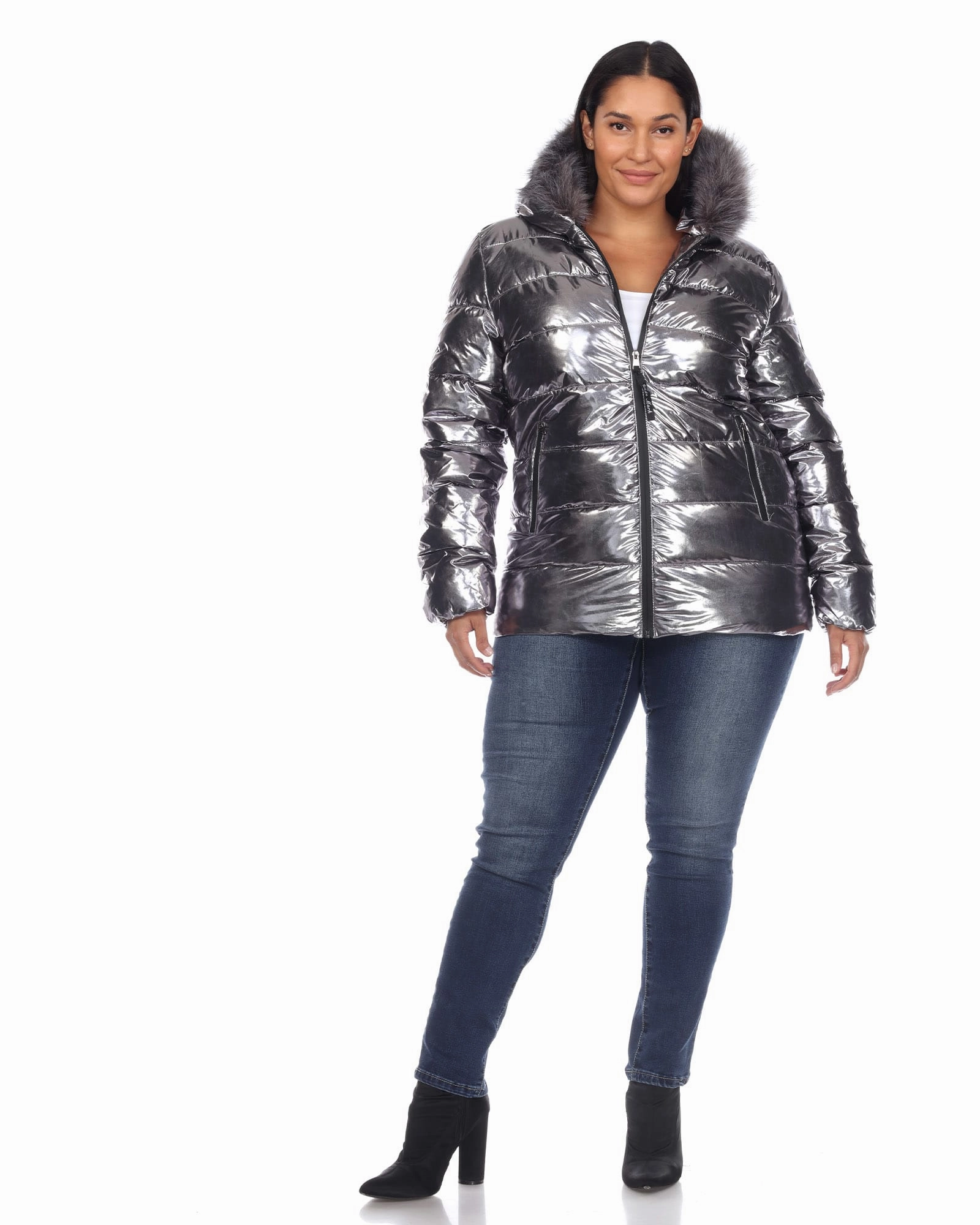 Metallic Puffer Coat with Hoodie | Silver Conditioner