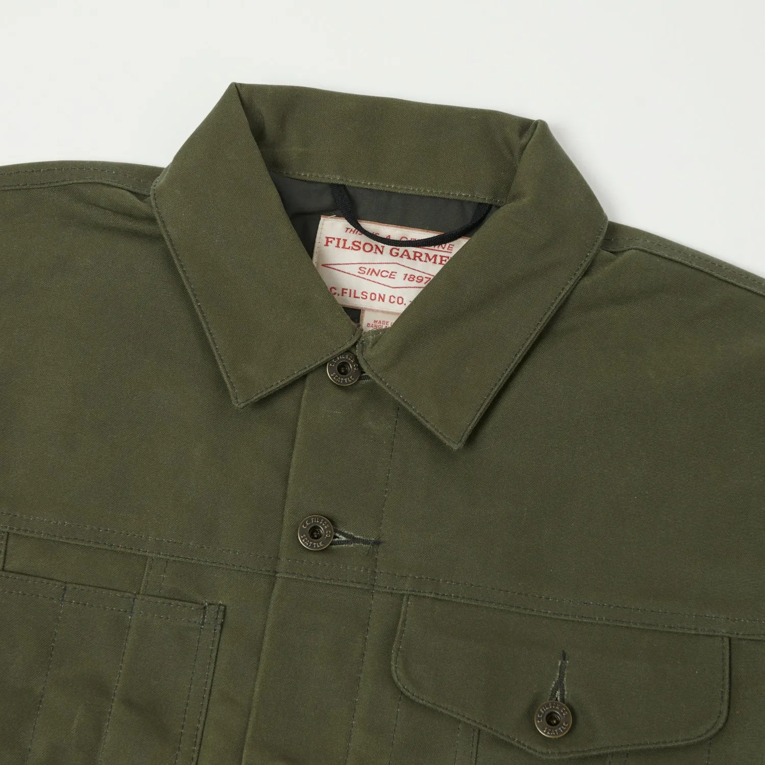 Filson Tin Cloth Short Lined Cruiser Jacket - Military Green Foldable Design Heat Sealed Zippers