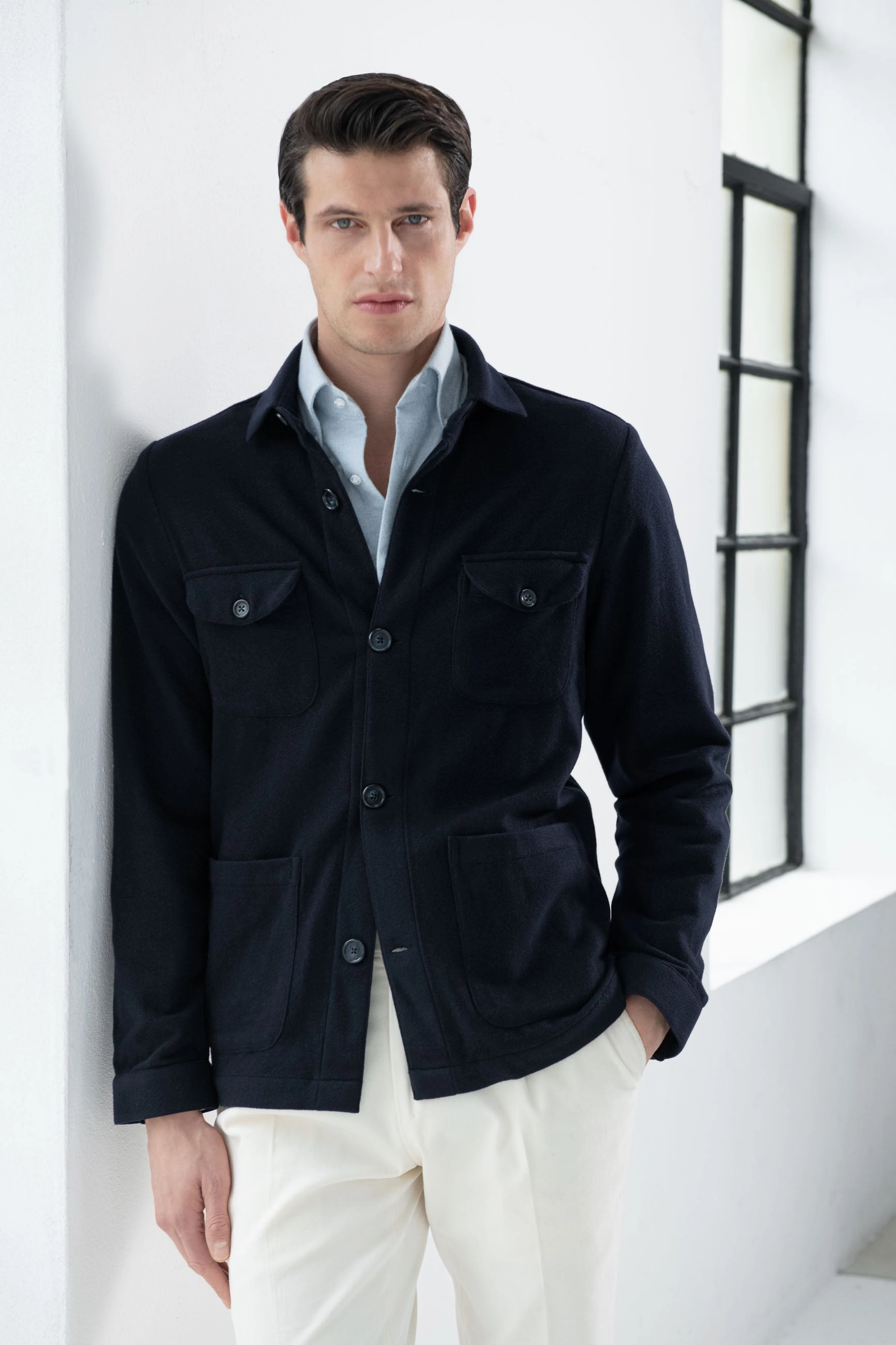 Blue Safari Jacket flannel Super 180s ?C Made in Italy Flexible Zipper System Layered