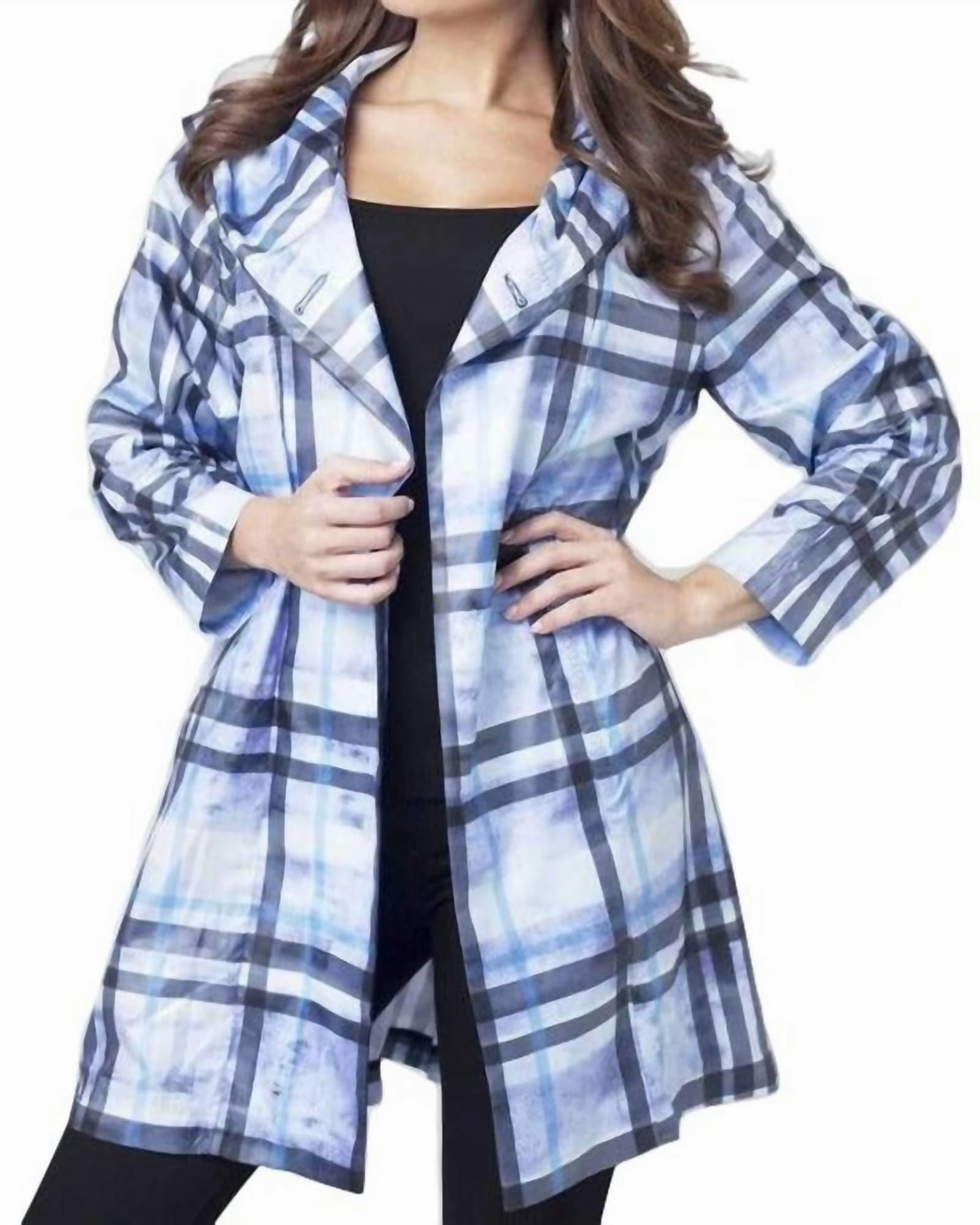 Faith Morning Chill Plaid Side Button Long Hooded Rain Jacket in Lavender Multi | Lavender Multi