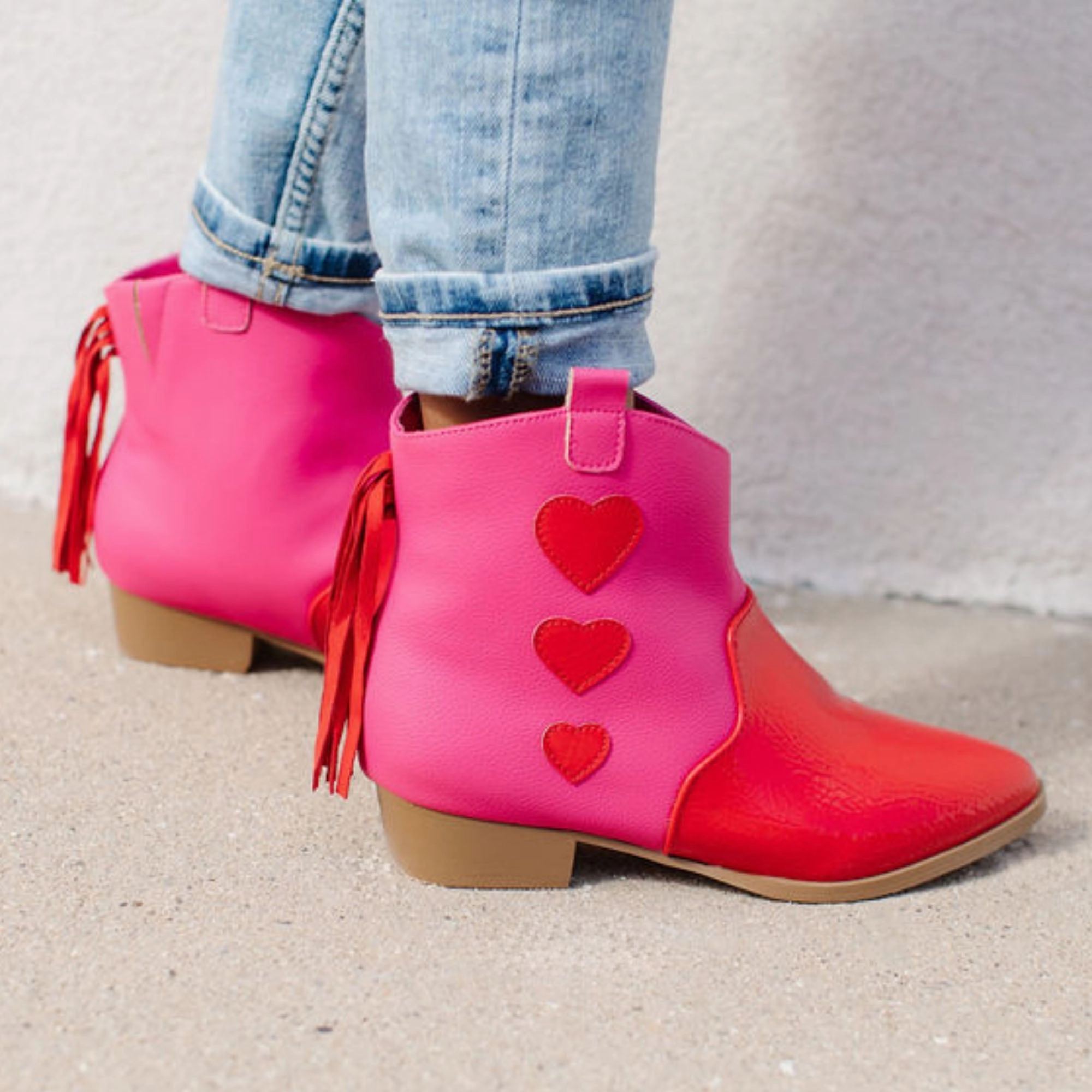 Sleek Fit Customizable Fit Features Miss Dallas Western Boot in Pink & Red Hearts - Kids