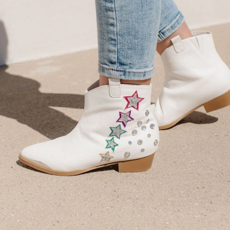Trail Ready Footwear Miss Dallas Western Boot in White Shooting Stars - Kids