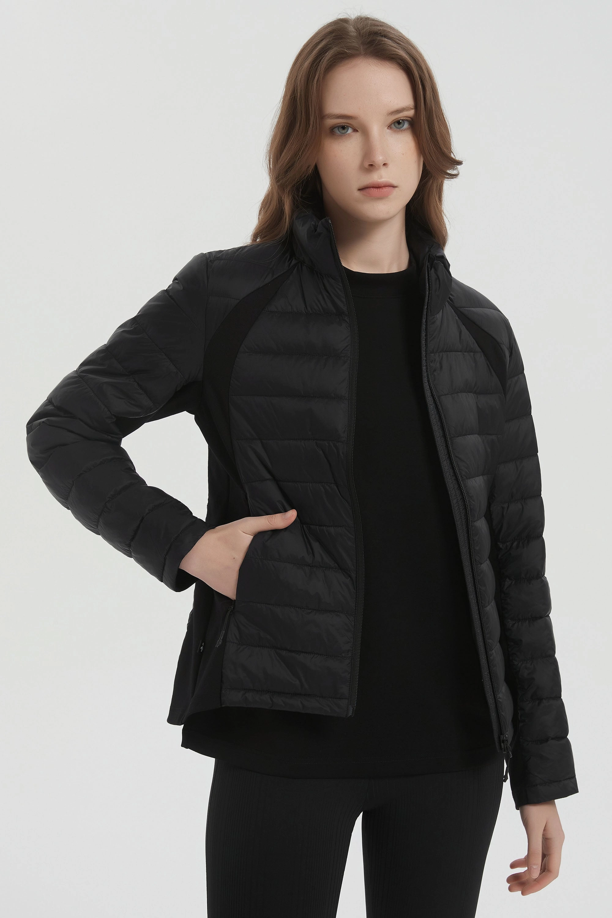 Monochrome Look Convertible Collar Style Lightweight Insulated Quilted Puffer Coats Breathable