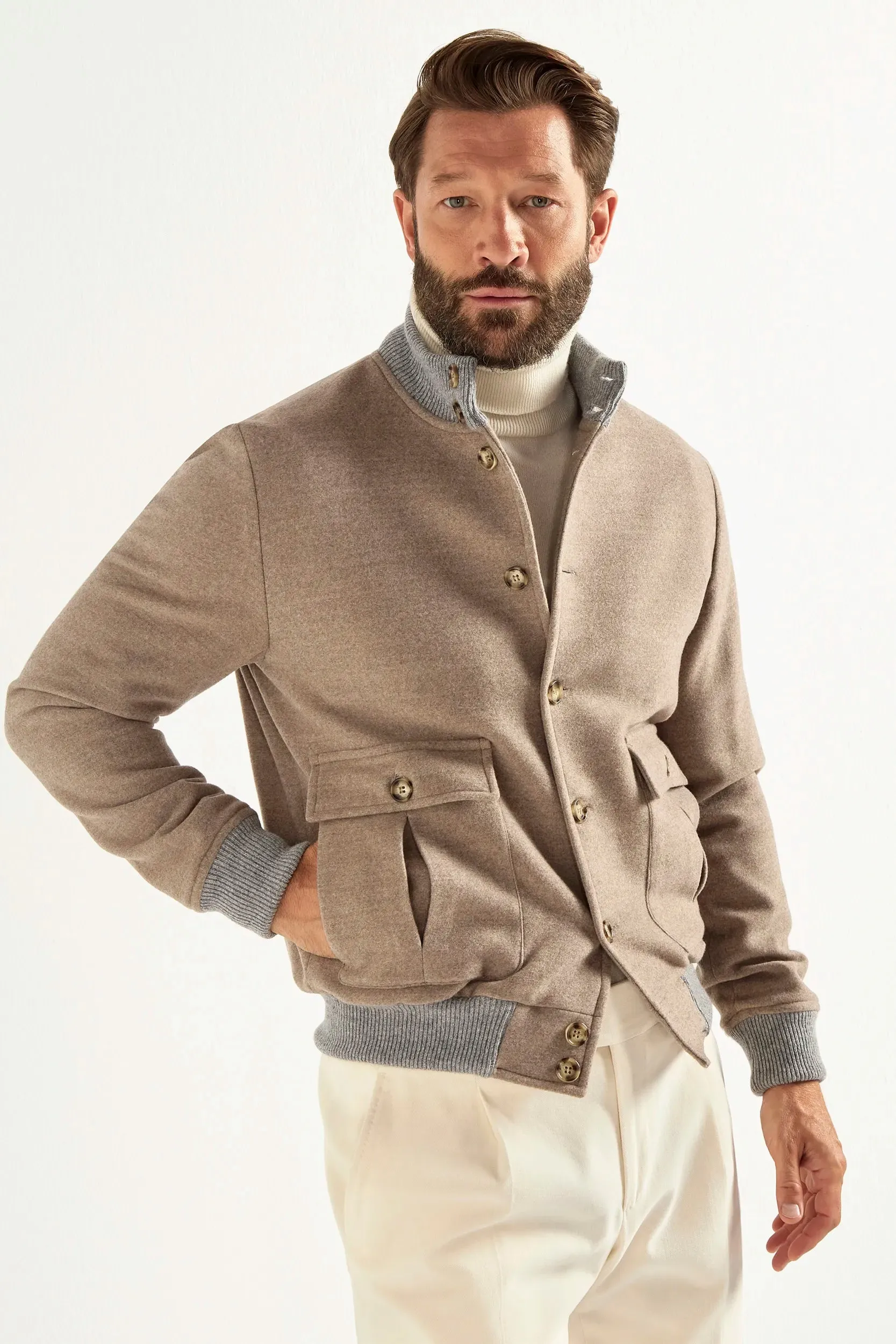 Urban Outdoor Look Modular Attachment Loops Beige Super 180's wool flannel bomber jacket ?C Made in Italy