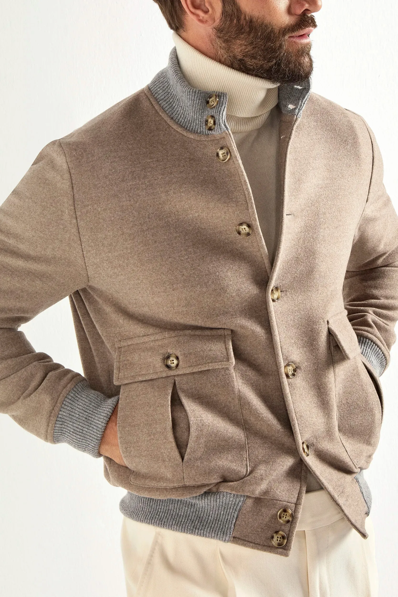 Beige Super 180's wool flannel bomber jacket ?C Made in Italy Soft Lined Interior