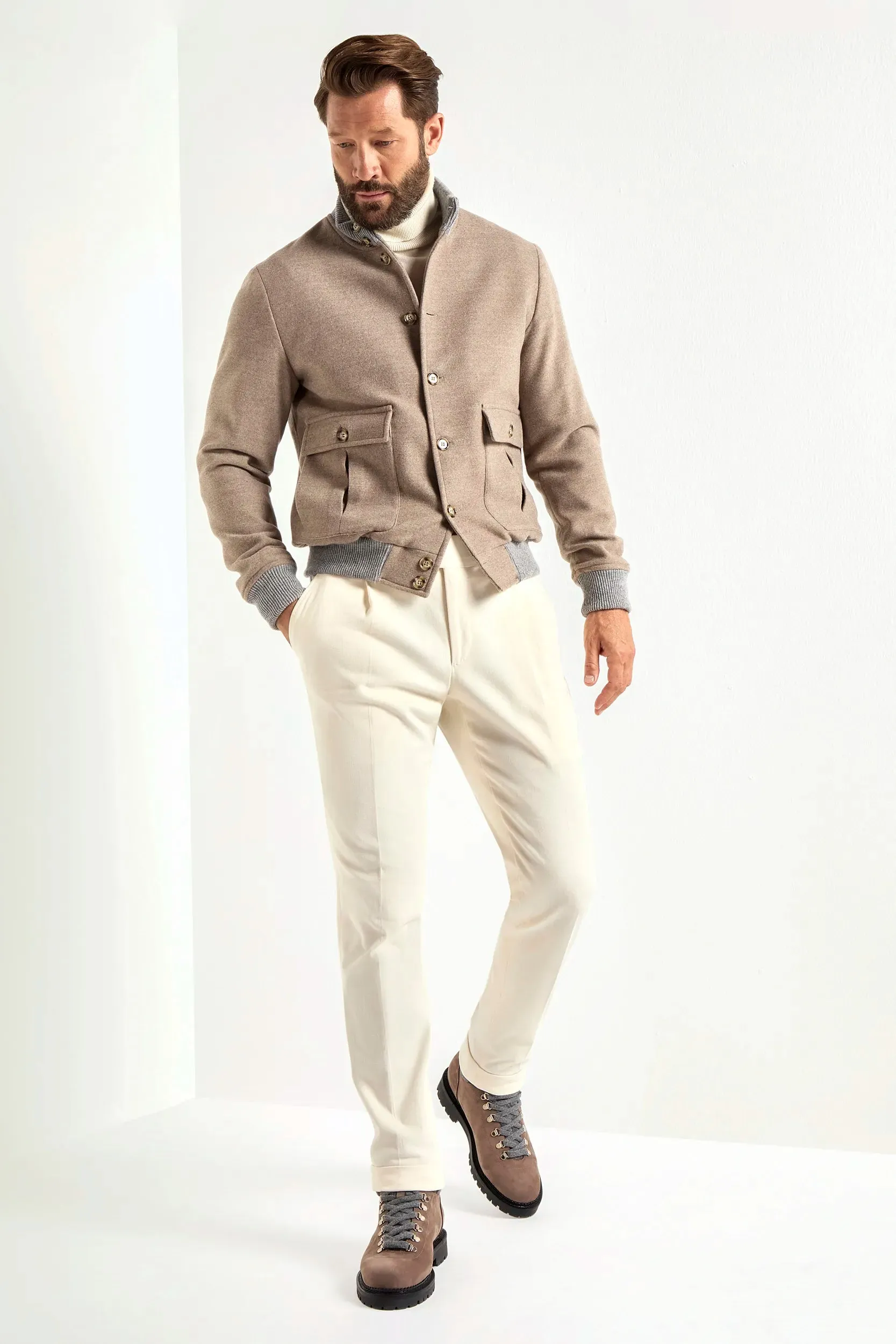 Beige Super 180's wool flannel bomber jacket ?C Made in Italy Eco Friendly Dye Flexible Mobility