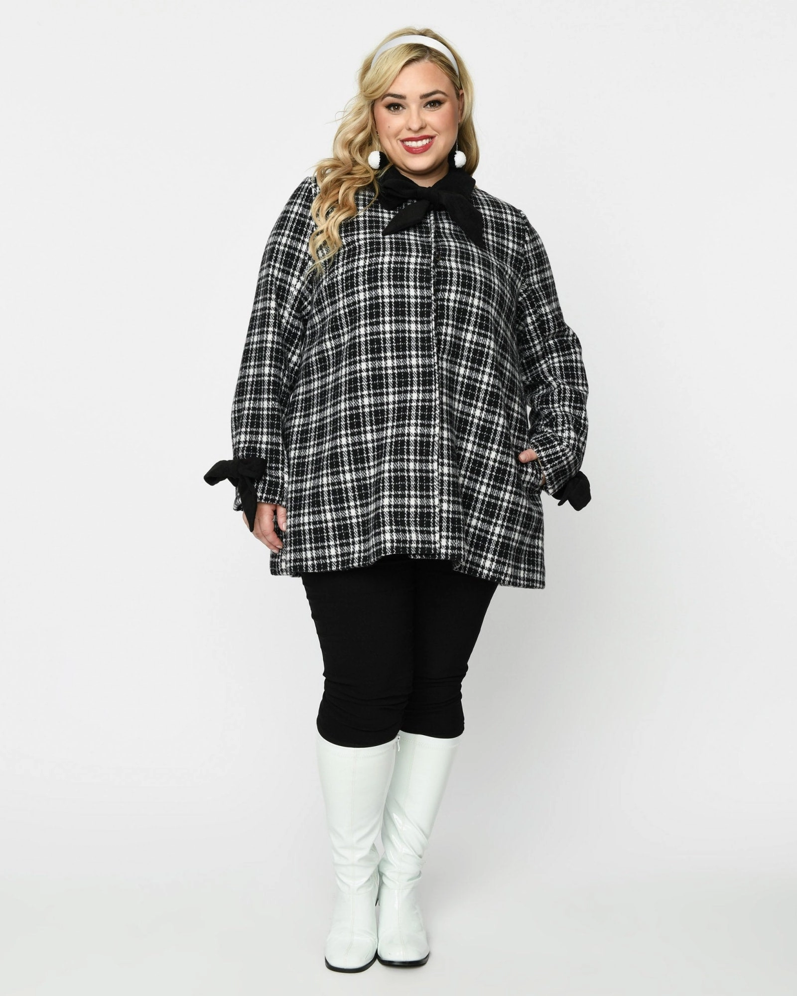 Smak Parlour Black & White Plaid Bows Topper Coat | Black & White Plaid Bows Fast Layering Active Movement