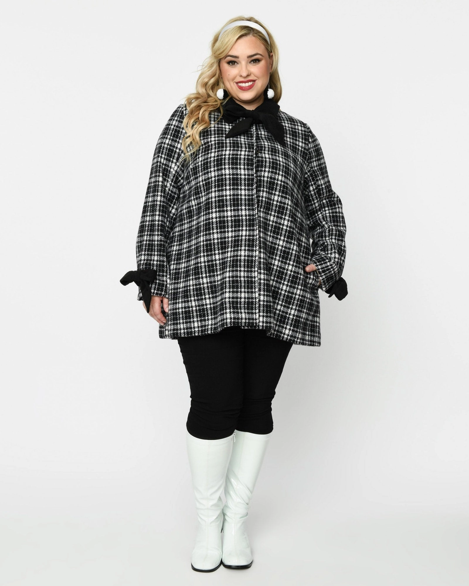 work - from - home Smak Parlour Black & White Plaid Bows Topper Coat | Black & White Plaid Bows