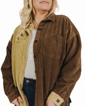 WaterResistantCoating Brown Plus Size Color Block Corduroy Shacket | Brown