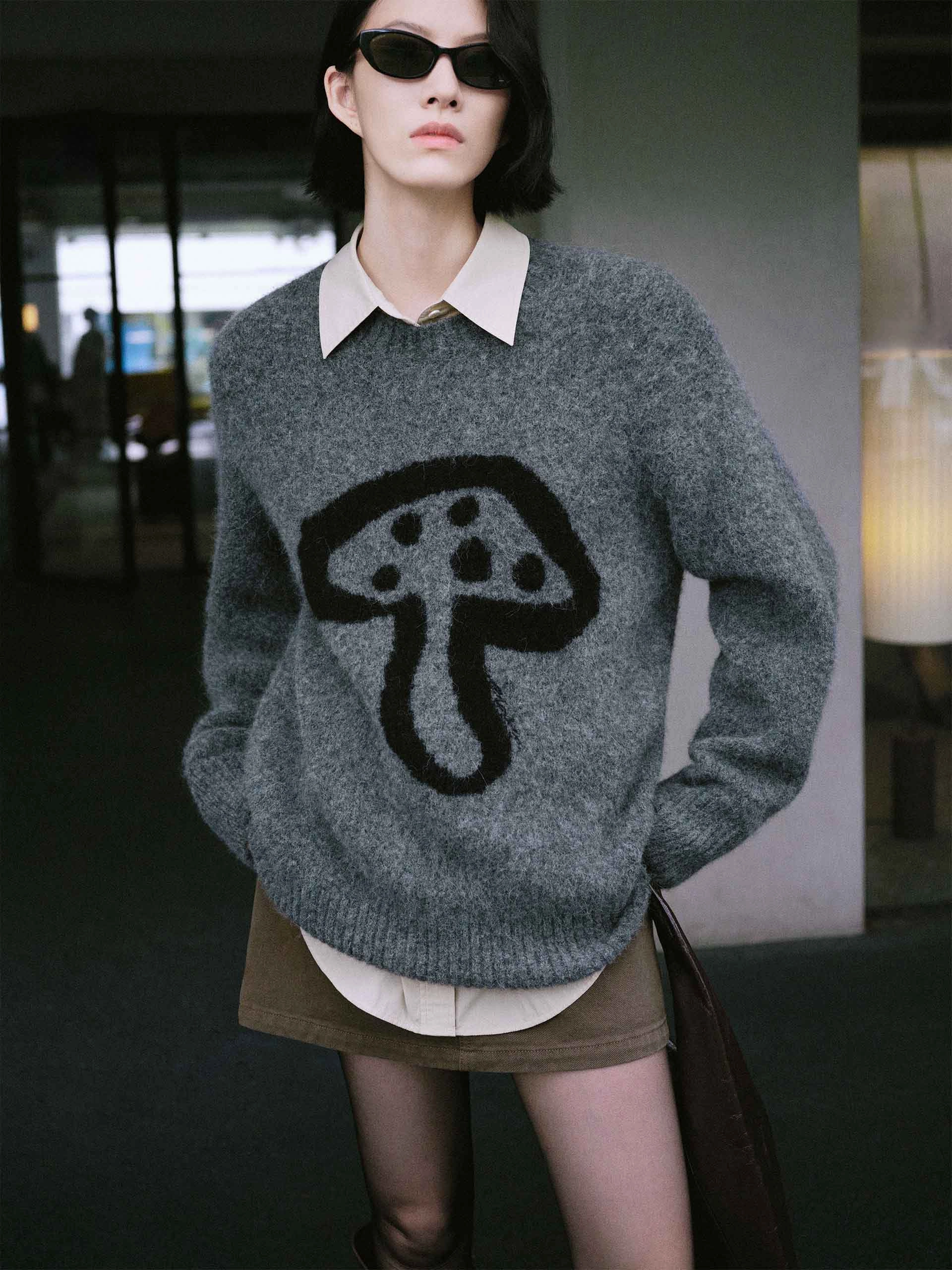 Mushroom Pattern Loose Sweater Knit Comfort Wear Stylish Knitwear