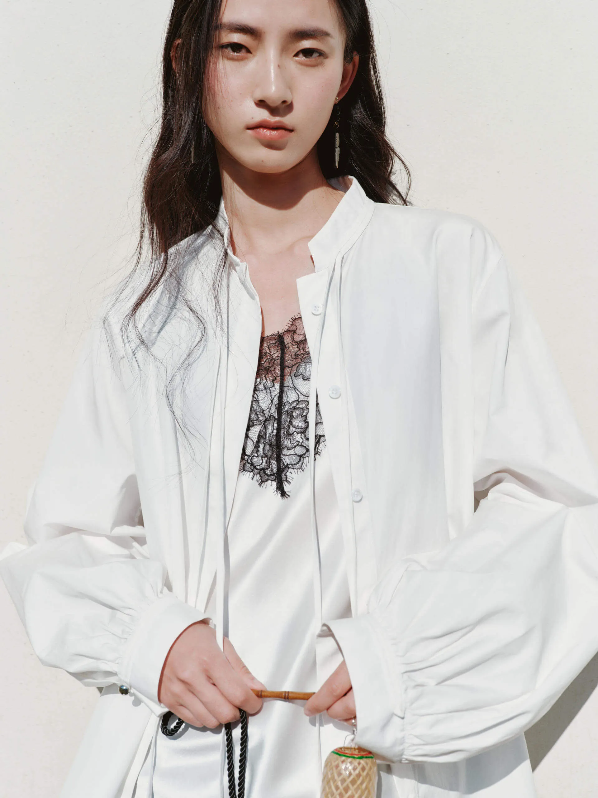 Solid Color Casual Chic Balloon Sleeve Tie Shirt