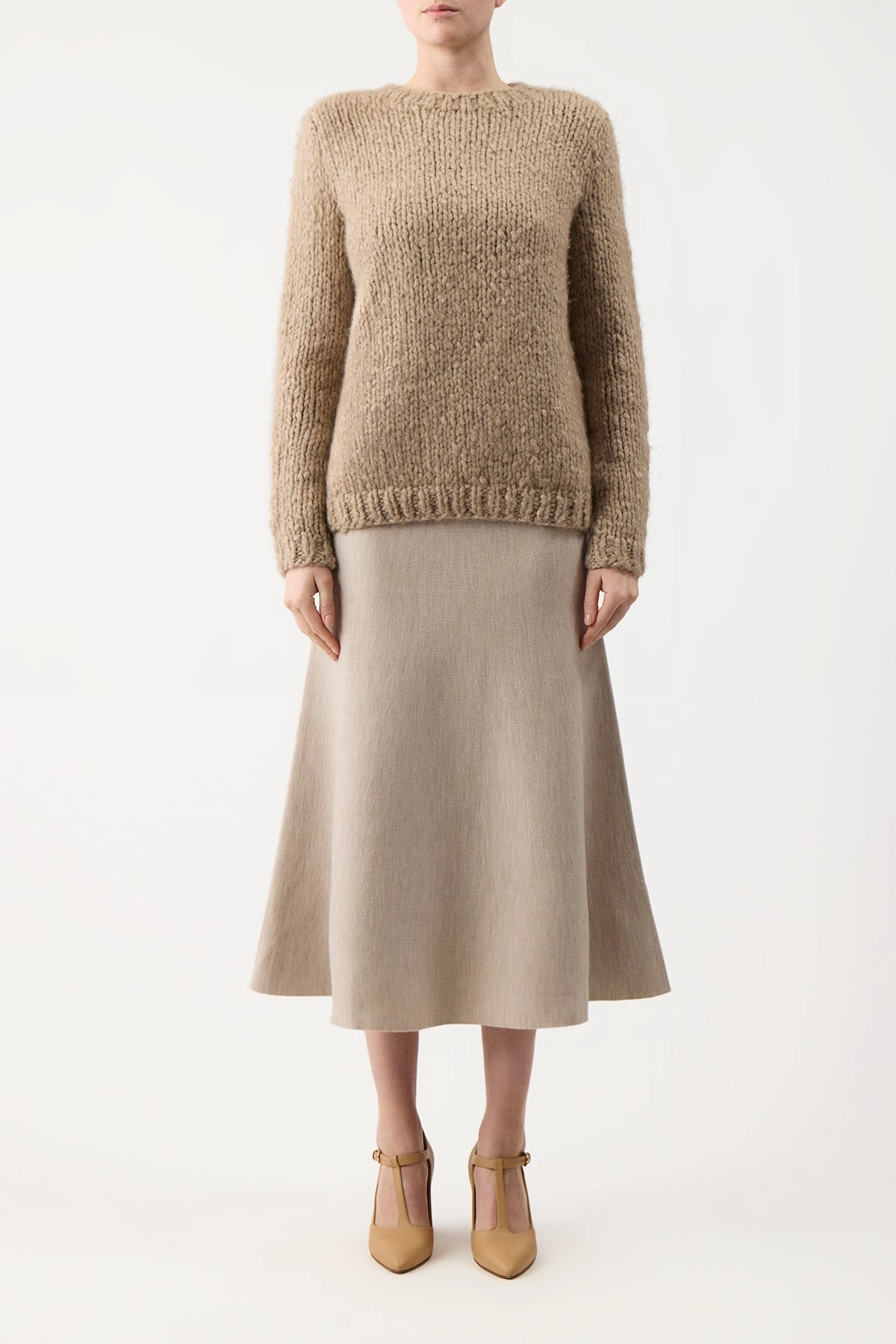 Crisp Finish Freddie Knit Midi Skirt in Oatmeal Merino Wool Cashmere