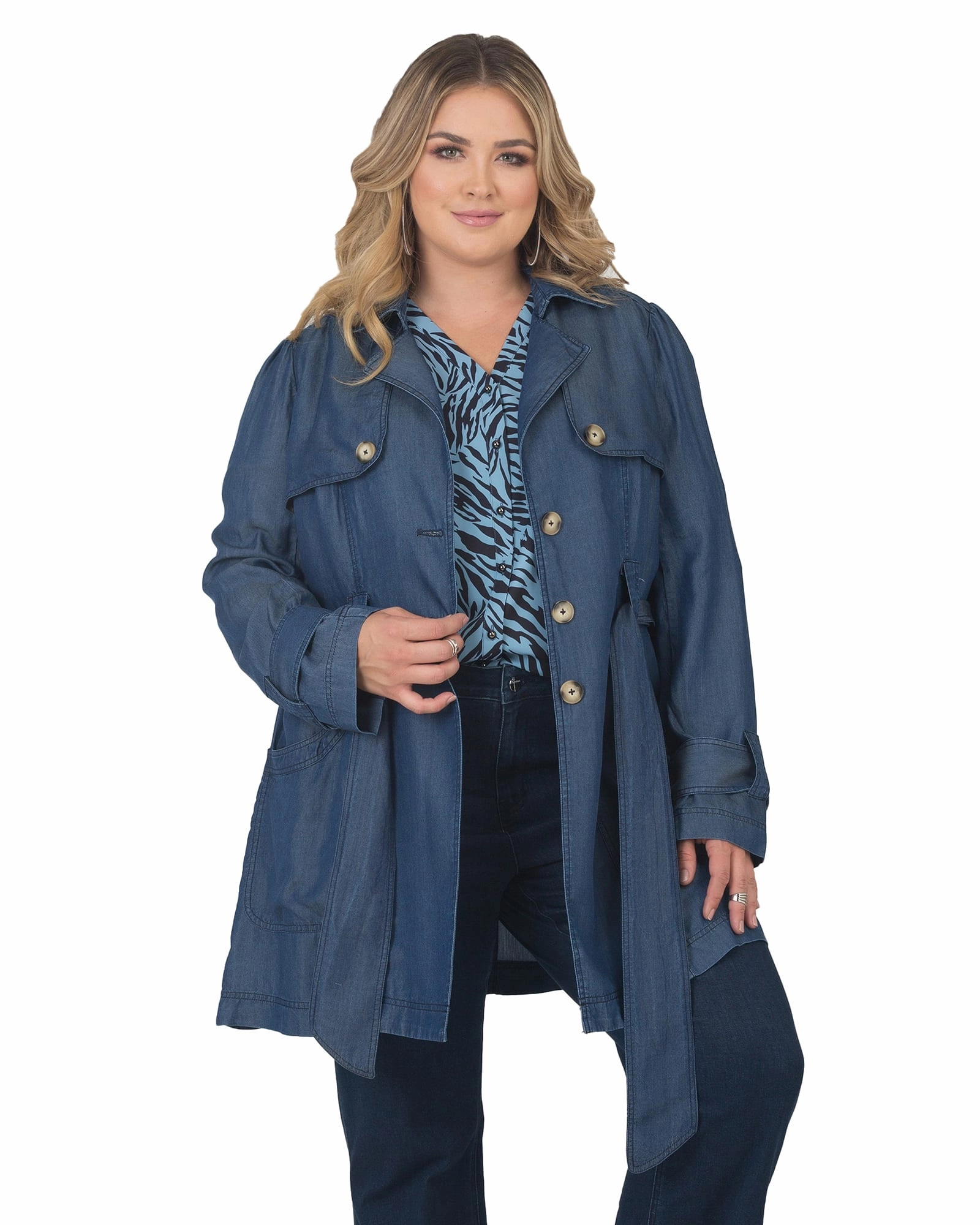 snap-up Skill Odette Tencel Denim Trench Coat | Dark Wash
