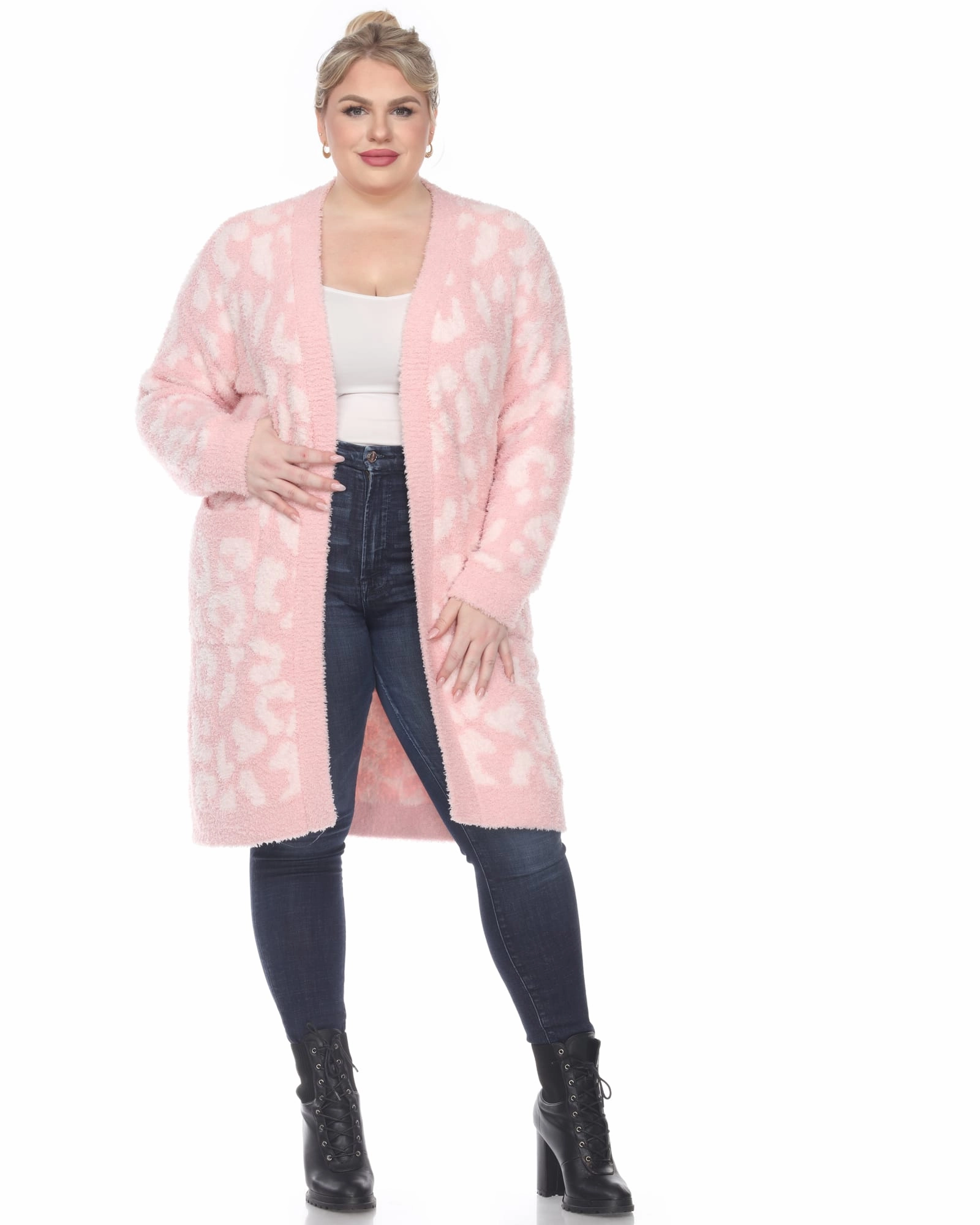 Leopard Print Open Front Sherpa Coat | Pink Cool Season