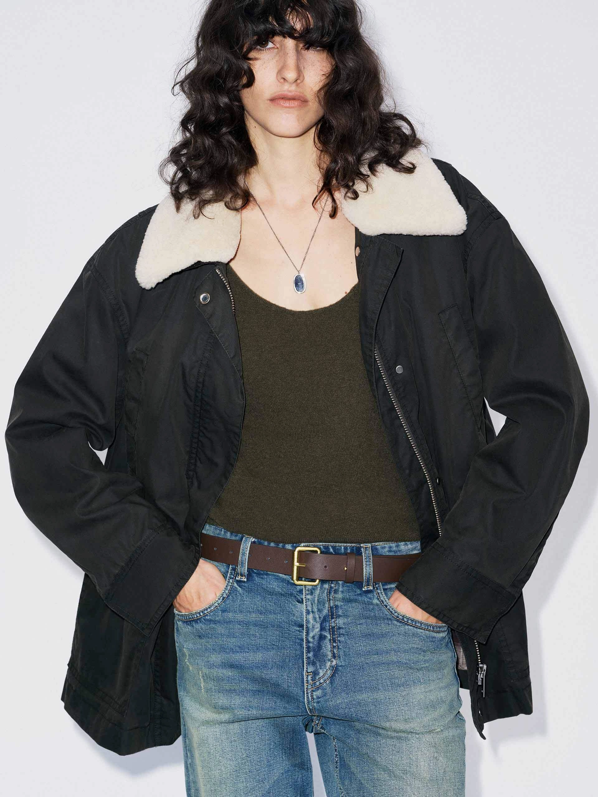 anti static coating Cotton Blend Fur Collar Coat