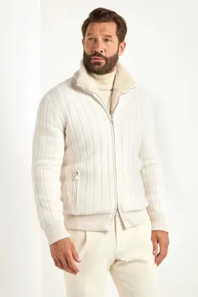 Flatlock stitching MultiPocketStyle Off-white ribbed cashmere bomber with fur - Made in Italy