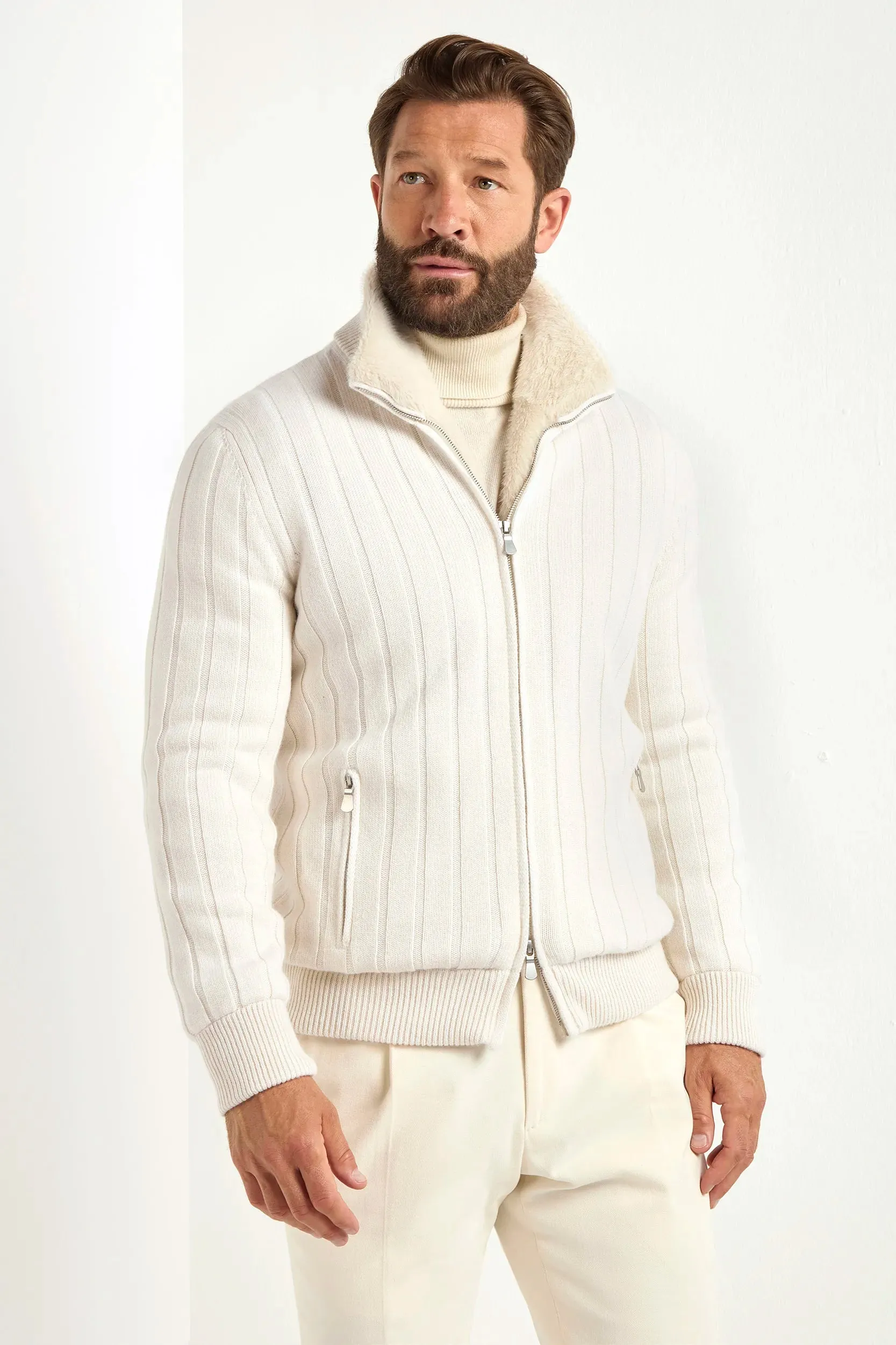 Flatlock stitching MultiPocketStyle Off-white ribbed cashmere bomber with fur - Made in Italy