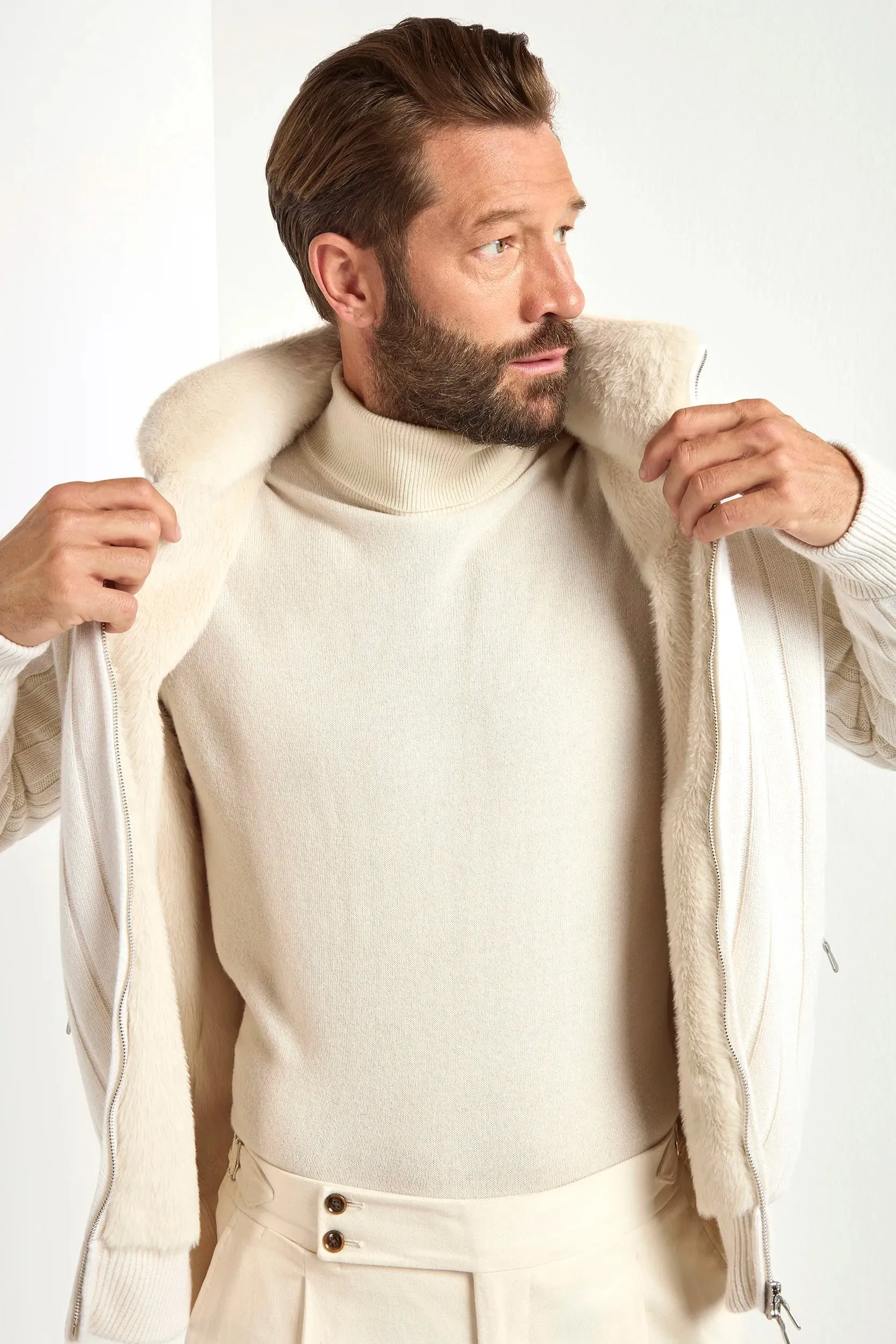 Modular Layering Formal Use Off-white ribbed cashmere bomber with fur - Made in Italy