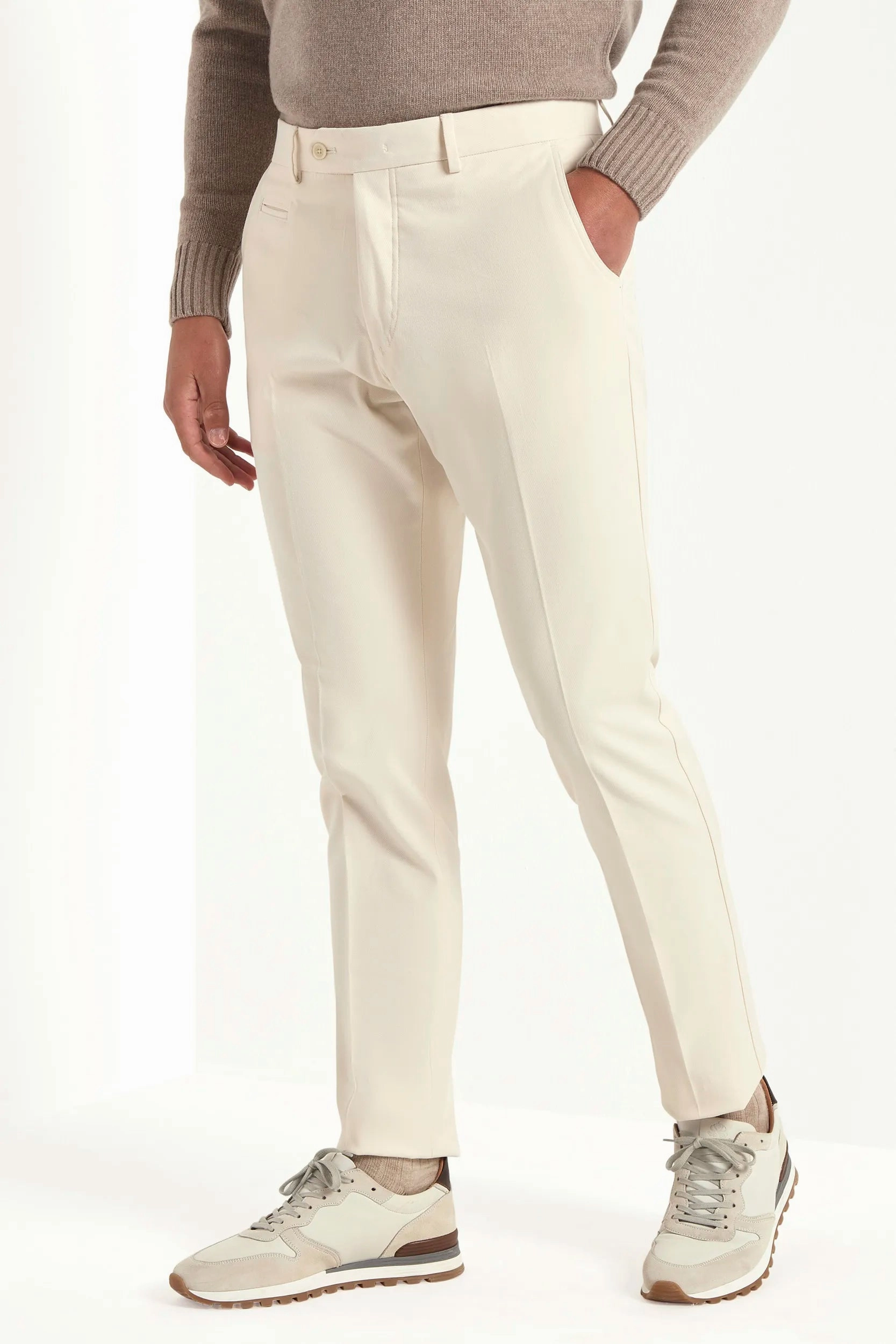 Stretch Layer Fit Off-white cotton and cashmere Garda trousers - Made in Italy