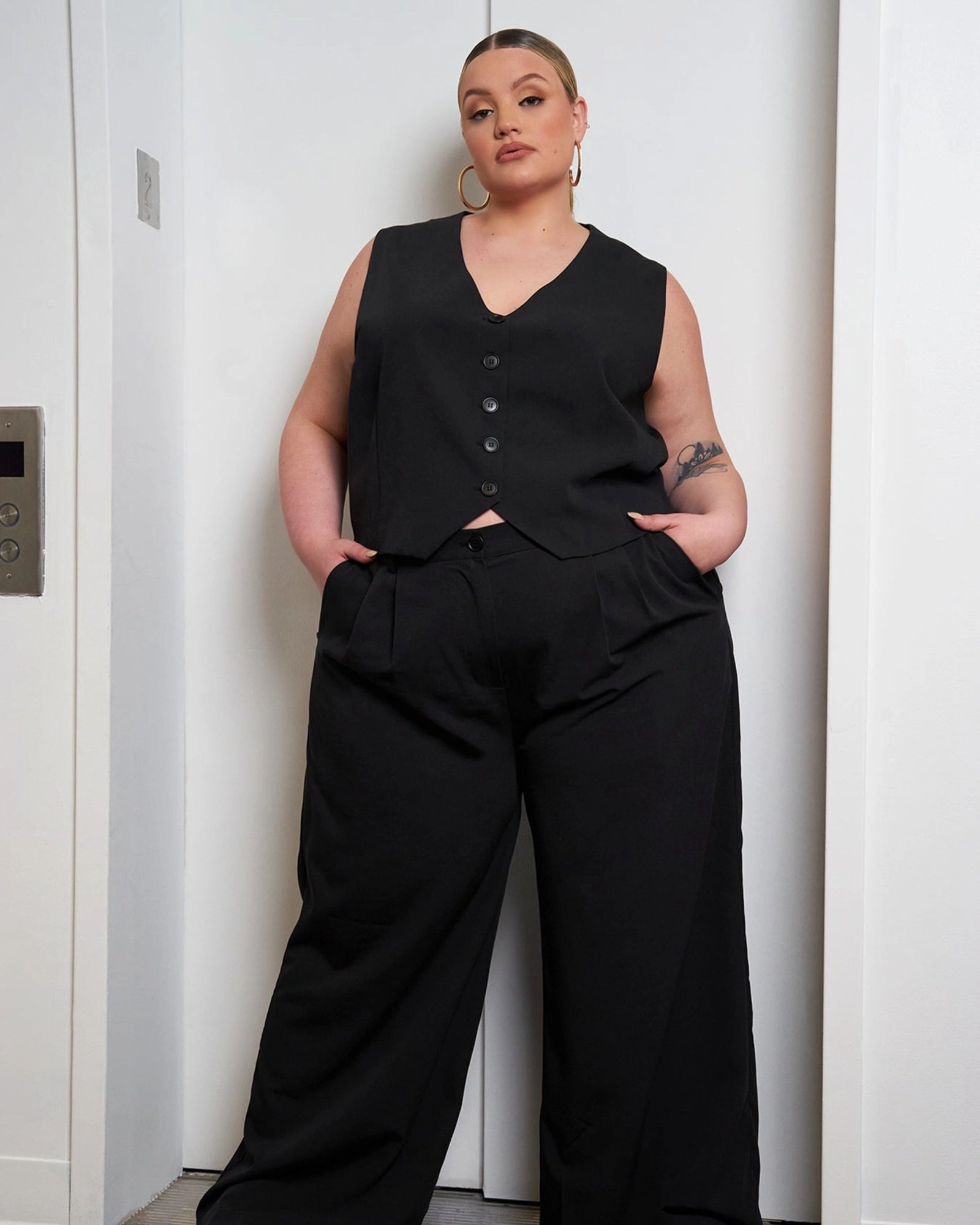 Office Babe Button Up Vest - Black | Black Visa Badge