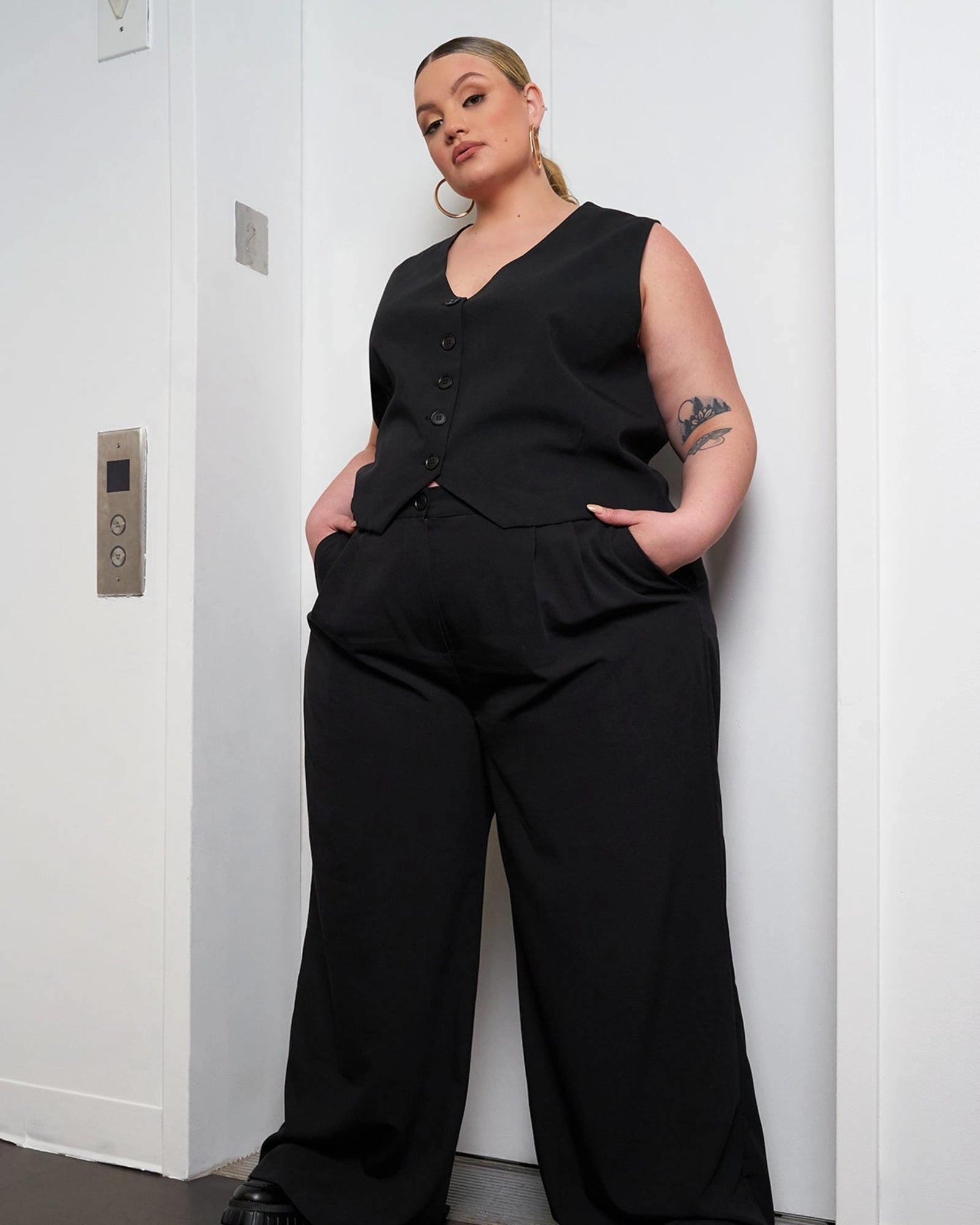 Office Babe Button Up Vest - Black | Black Quiet Fabric Publish